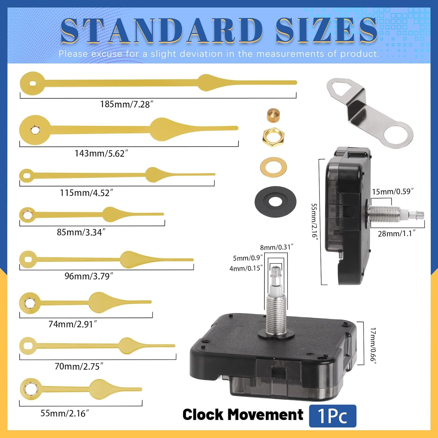 Glarks 12Pcs 28MM Golden High Torque Long Shaft Clock Movement Mechanism Kit Includes 1Pcs Clock Movements with 1Pcs Hooks, 4 Different Pairs Clock Hands, 4Pcs Mounting Hardware, 2Pcs Clock Numerals image number 3