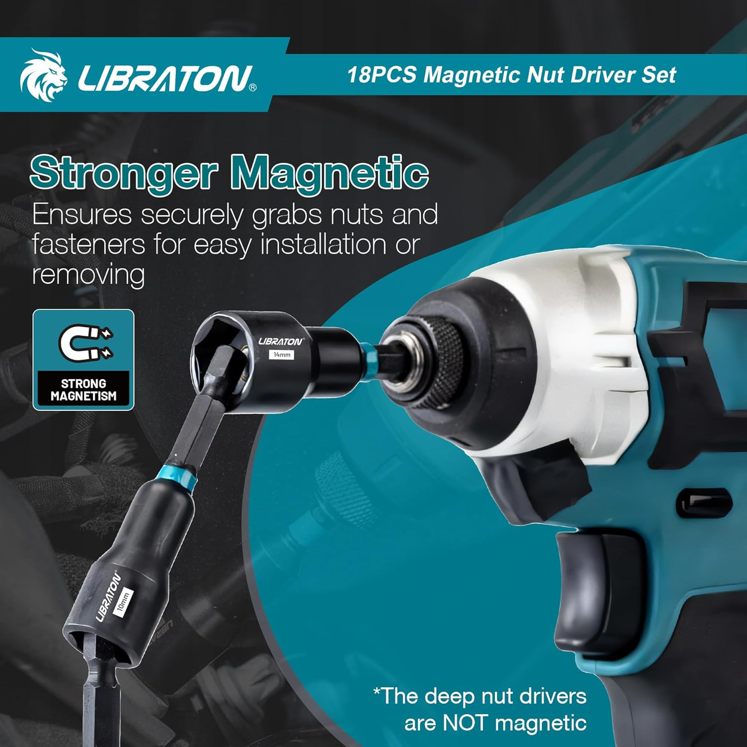 LIBRATON Magnetic Nut Driver Set, 18Pcs Impact Driver Bit Set, Deep Nut Drivers Set, Metric Nut Driver for Impact Drill, 5-14 MM Nut Drivers and 6-17 MM Nut Deep Drivers, Bit Holder, for Car Repairs image number 6