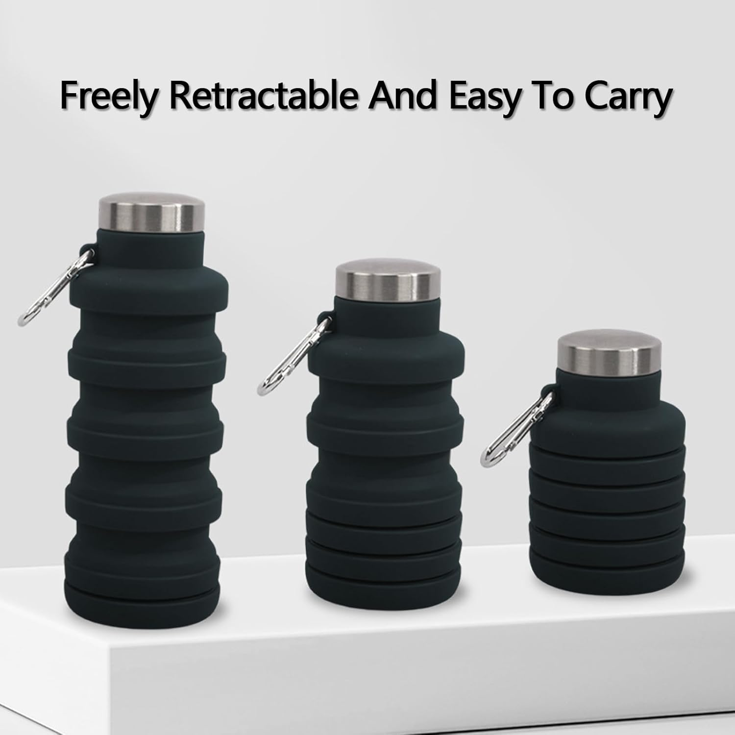 Collapsible Water Bottle, Foldable Water Bottles 17Oz, Portable Leak Proof Sports Water Bottle, BPA Free Reusable Travel Water Bottle, Silicone Collapsible Water Bottles with Carabiner (Black)