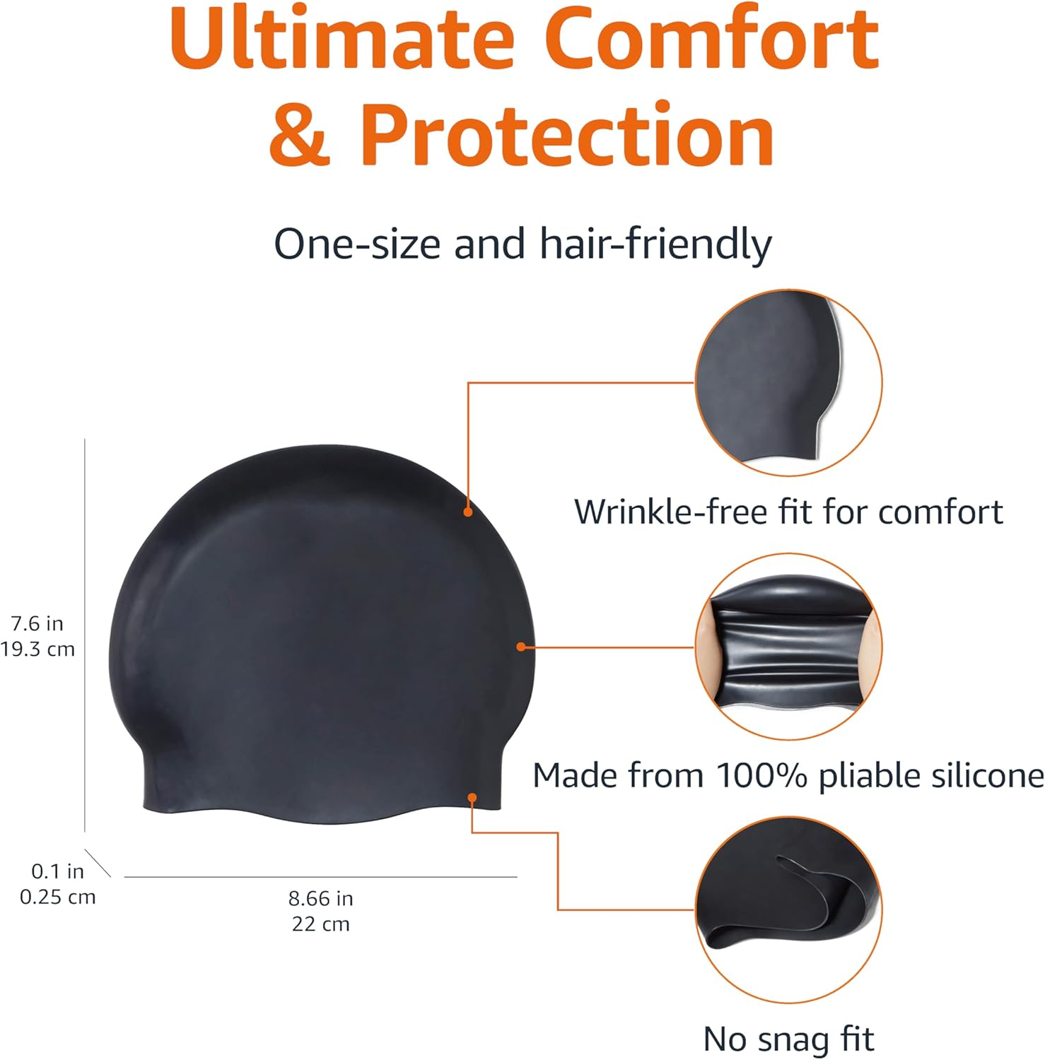 Amazon Basics Wrinkle Free Silicone Unisex Swim Caps Black, 1-Pack