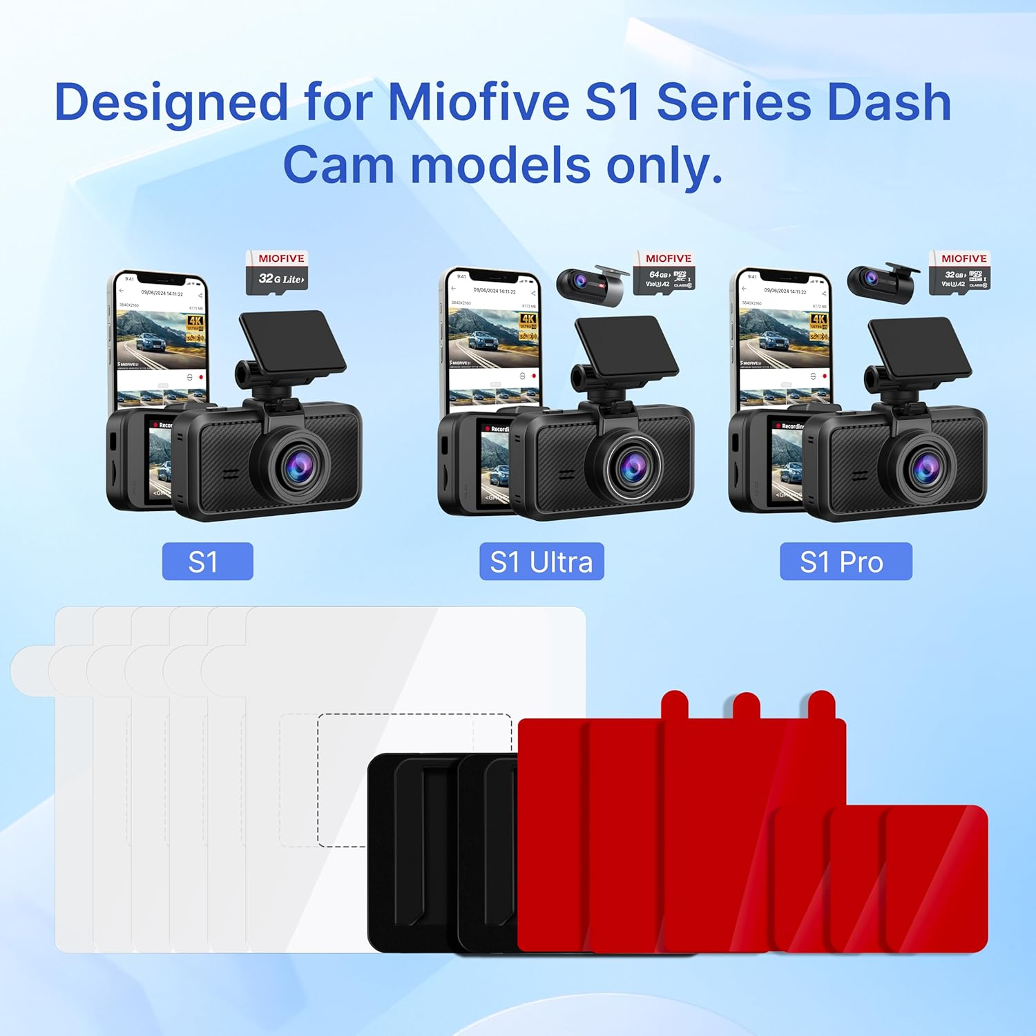 Miofive S1 Series Double-Sided Adhesive Dash Cam Mounts - 2 Mounts, 3 Spare Adhesives (Front & Rear), 6 Static Stickers, Replaceable Accessories image number 3