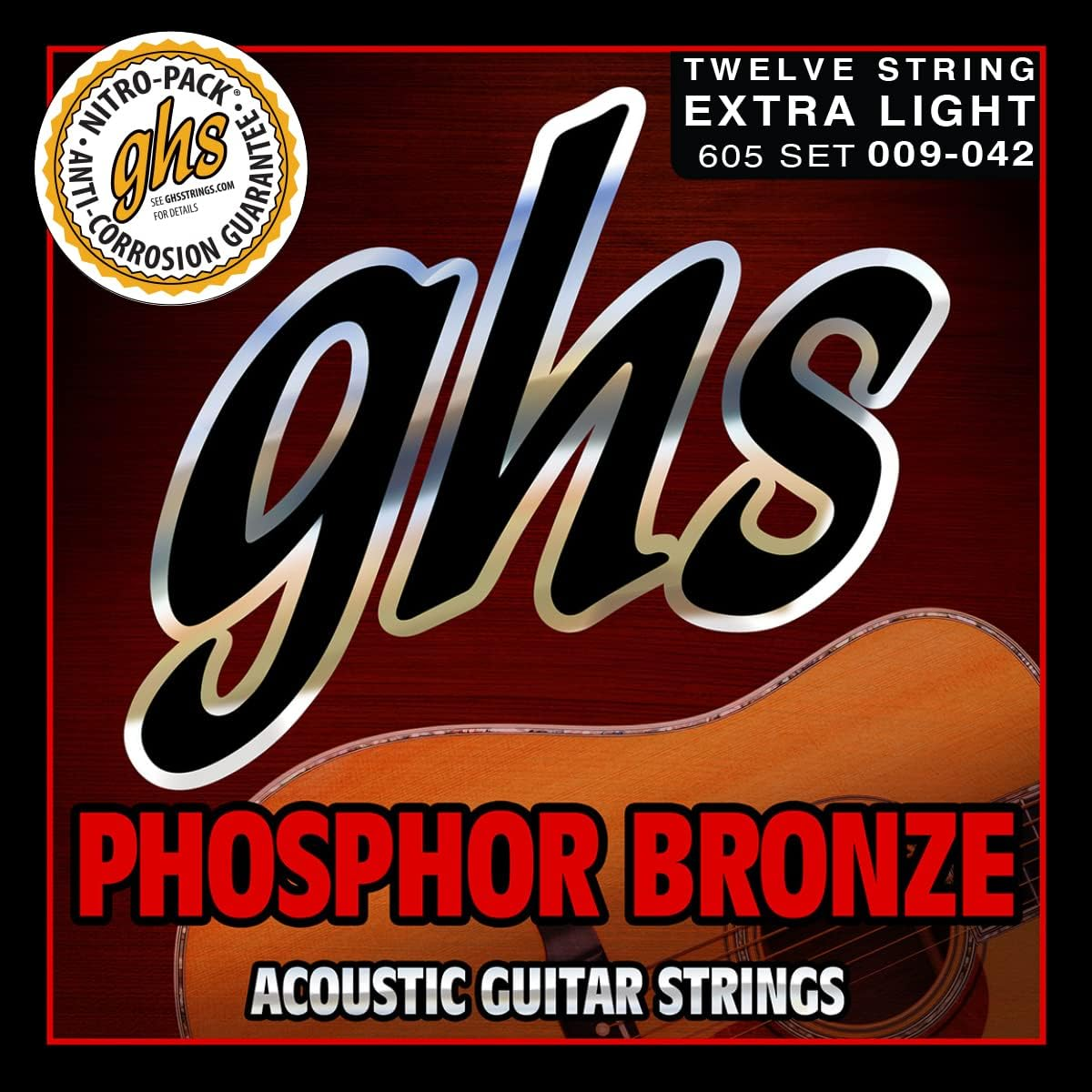 GHS Phosphor Bronze 605 Acoustic Guitar String Set, 12 Strings Extra Light, .009-.042 image number 1