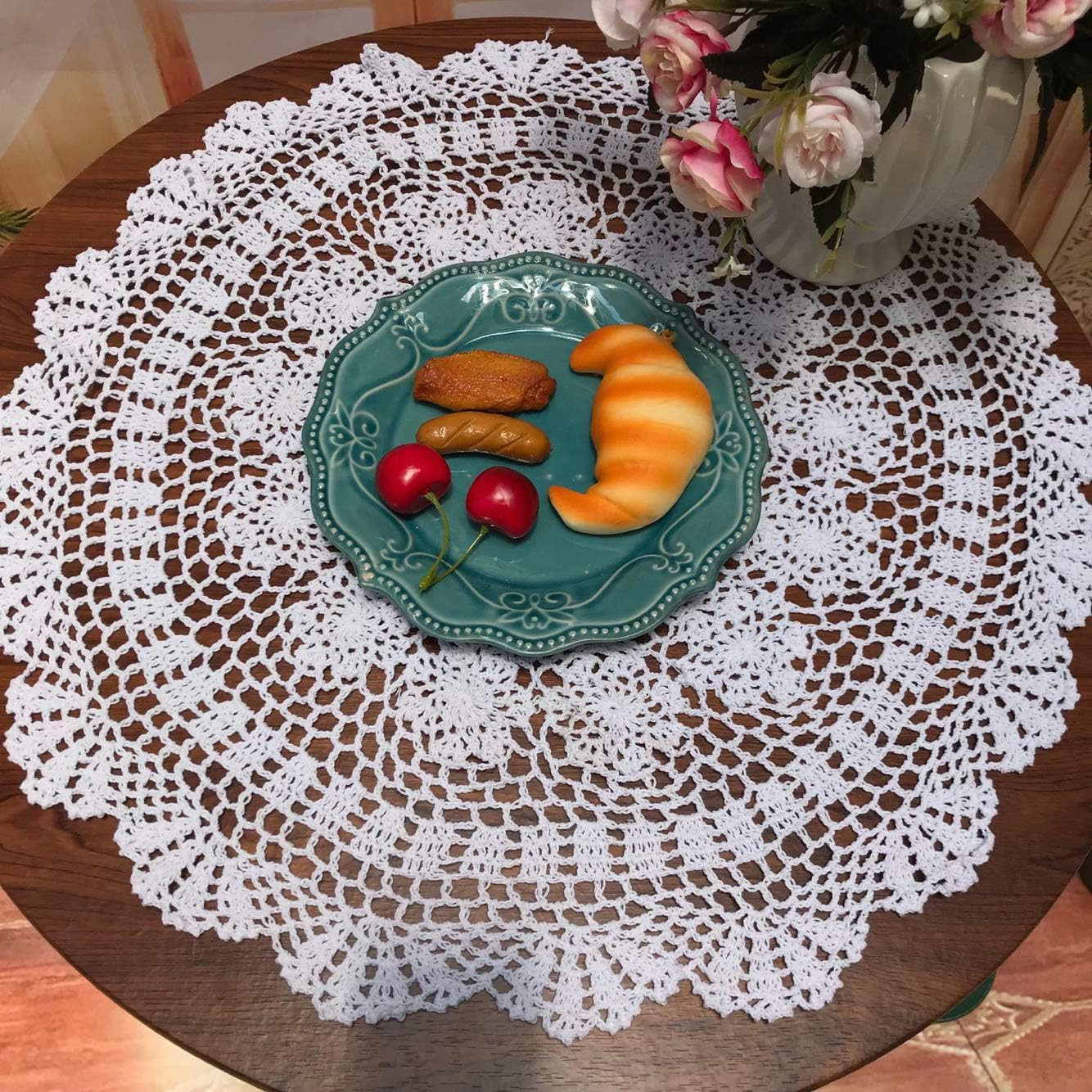 Damanni White Cotton Handmade Crochet Lace Tablecloth Doilies Table Overlay,Round,23 Inch,2Pcs image number 3