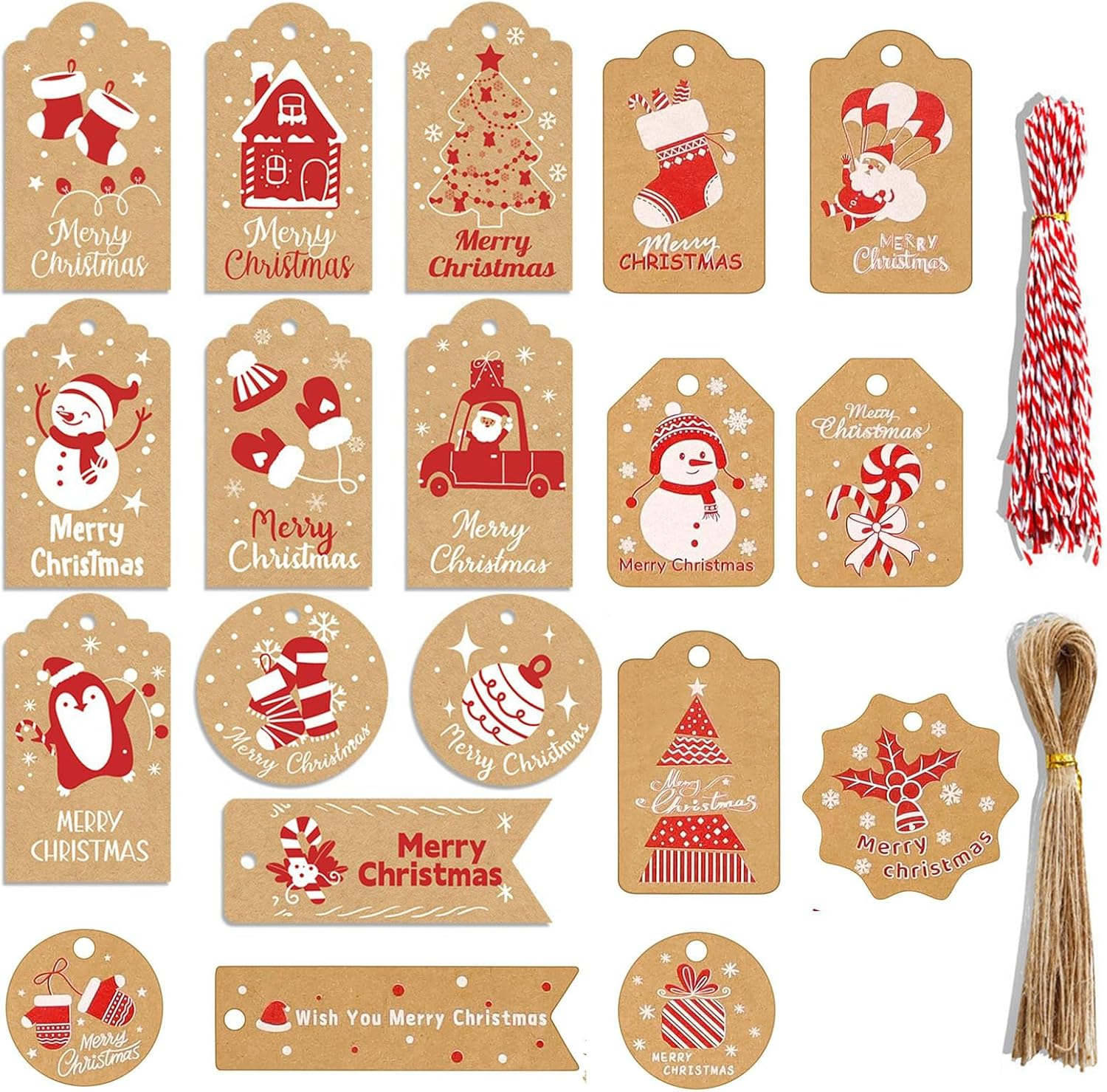 100 PCS Gift Tags Christmas, Brown Kraft Paper Gift Tags Christmas Kraft Paper Tags with String DIY Xmas Hanging Name Tags image number 2