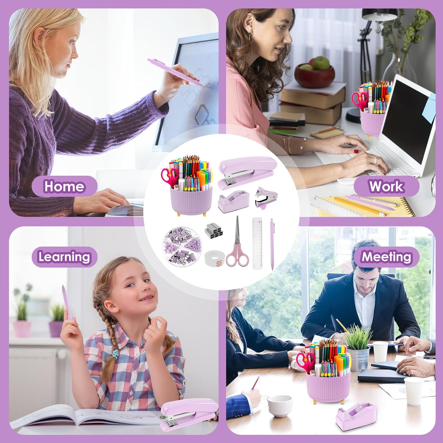 Office Supply Set, Convenient Stapler and Tape Dispenser Set, Office Supplies 360&deg;Pen Holder，Office Supplies Desk Accessories, Practical Office Supplies for Office Clerks (Purple) image number 5