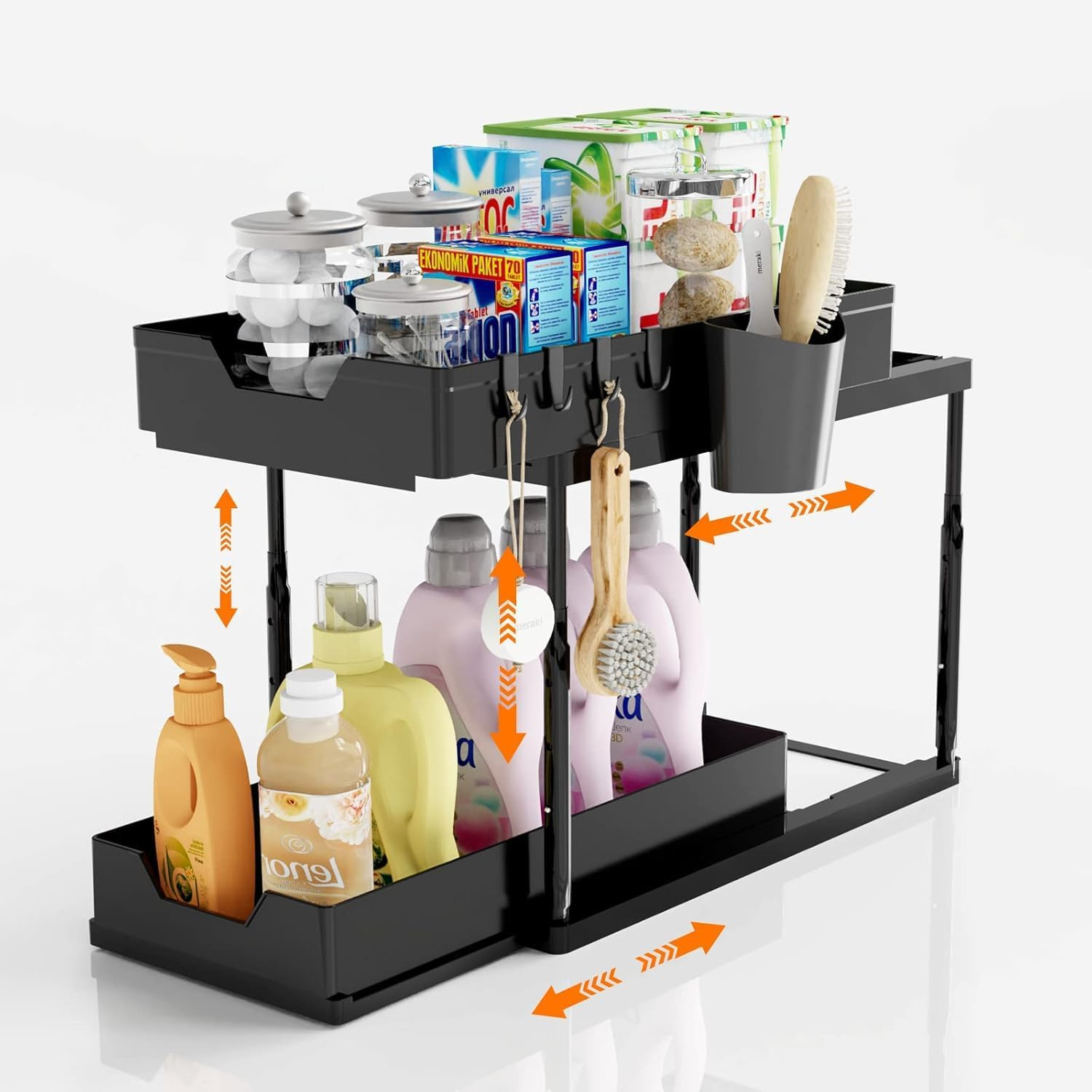 Adjustable Height under Sink Organizers, Wizsofer 1 Pack Double Sliding Bathroom Cabinet Organizer, Kitchen Multipurpose under Sink Cabinet Storage with Hooks and Cup (1PCS) image number 4