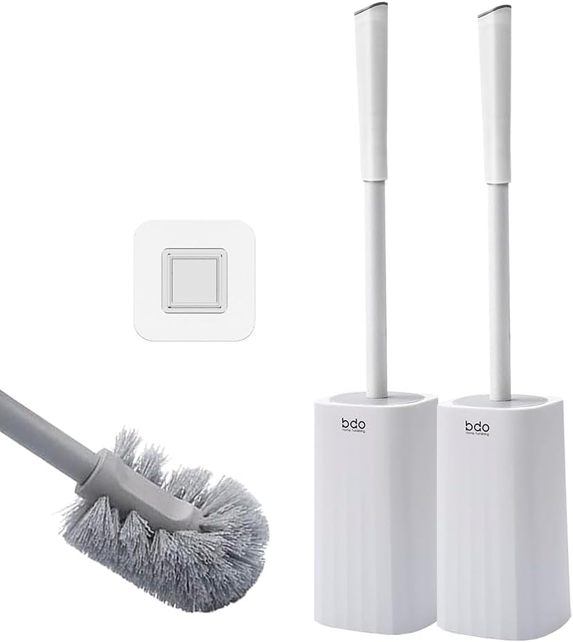 Wiseuwise Premium Toilet Brush and Holder 2 Set - 48 Cm Long Handle Wall Mounted, Drip Proof Design, Thick Bristles for Deep Cleaning, Grey (2 Toilet Brush Set Gray)