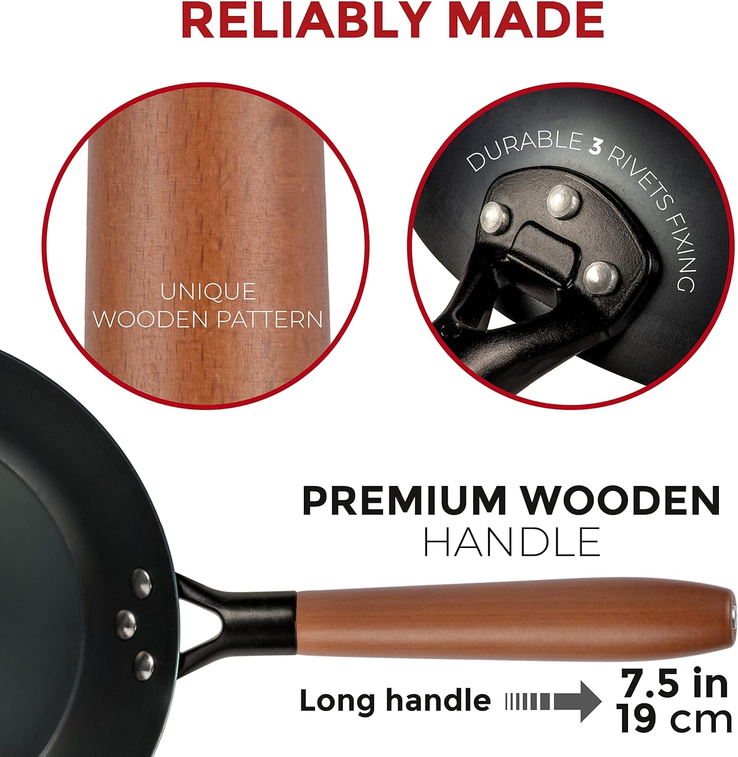 No Coating Carbon Steel Pan - Durable 26 Cm Frying Pan - 26 Cm Pans for Cooking Healthy and Delicious Meals - Carbon Steel Pan with Removable Heat-Resistant Wooden Handle - Easy to Clean Fry Pan&hellip; image number 4