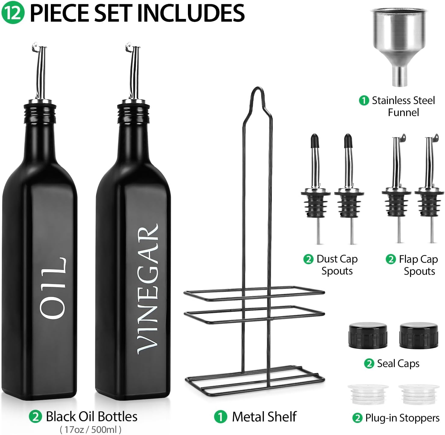 2 Pieces Oil and Vinegar Dispenser Set,Black & White Olive Oil Bottle Dispenser with Caddy Holder and Stainless Steel Spout,17Oz Cute Vintage Glass Cruet Set for Farmhouse Kitchen（Black） image number 1