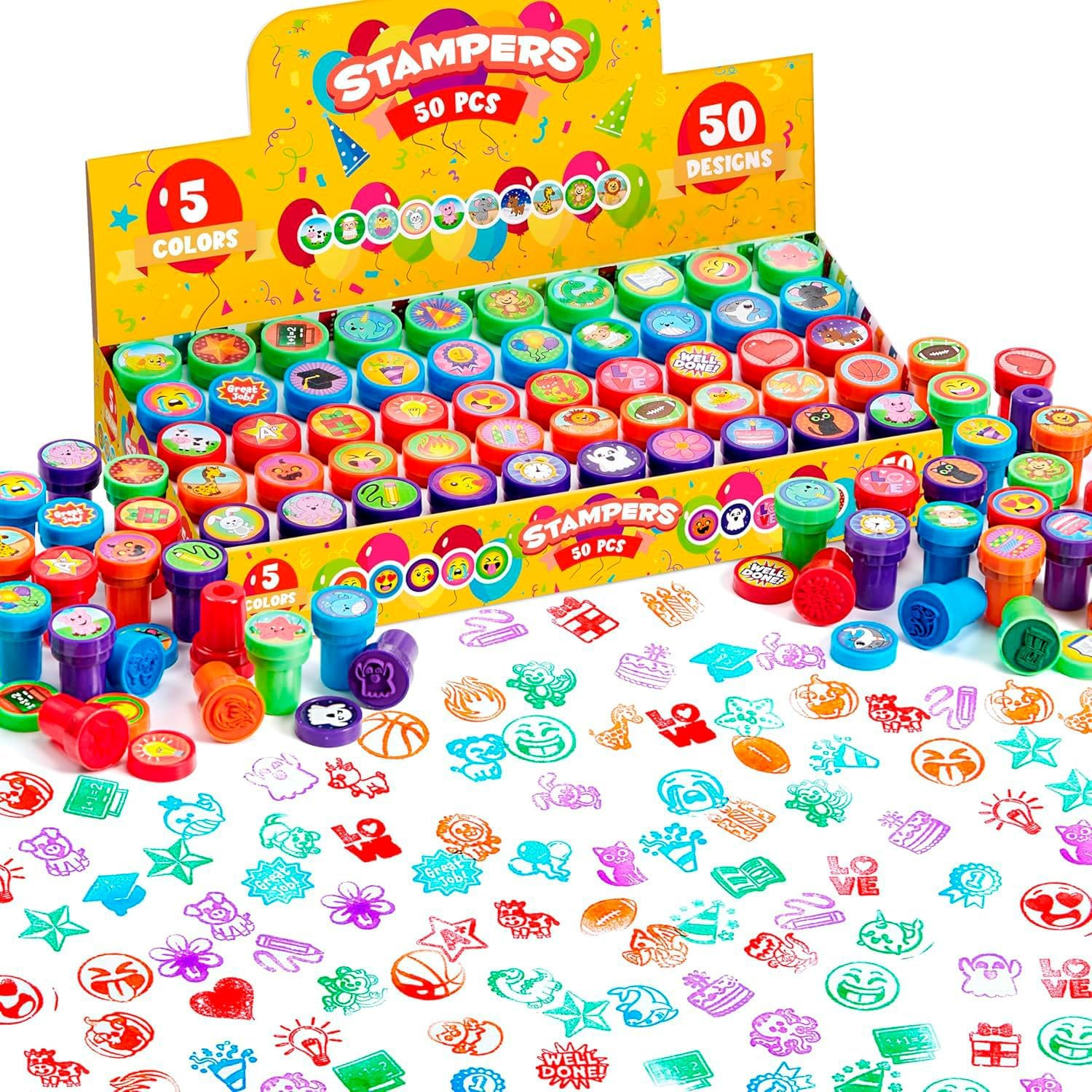 50 Pcs Assorted Stamps for Kids - Self-Ink Stamps with 50 DIFFERENT Designs for Birthday Party Favor, Carnival Prizes, School Stampers, Goodie Bag, Halloween, Christmas (Zoo, Emoji, Holiday Stampers)