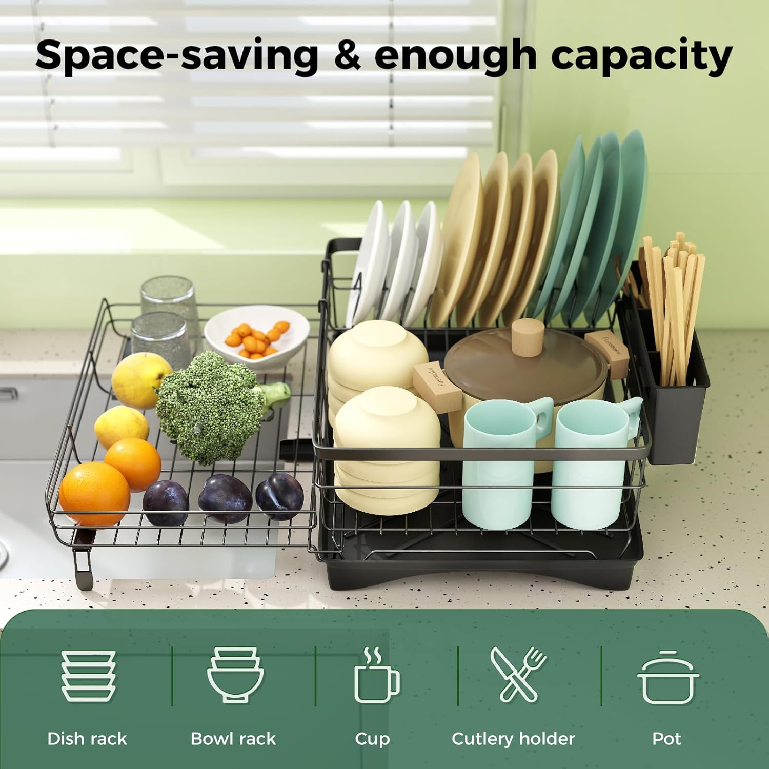 Toque Expandable Dish Drying Rack with Cutlery Holder, Anti-Rust Black Dish Racks for Kitchen Counter,Durable Coated Steel Dish Drainers for Kitchen Counter,Over the Sink Drying Rack(42 X 28 X 15CM) image number 6