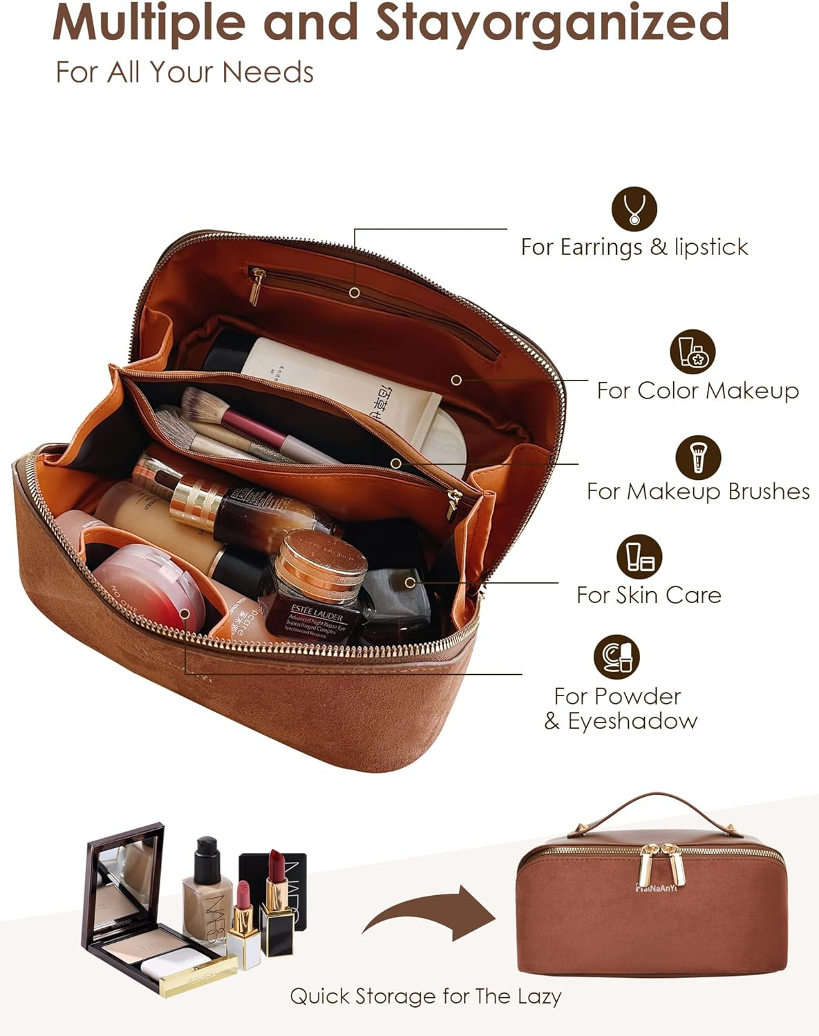 Travel Makeup Bag,Cosmetic Organizer Bag for Women,Large Capacity Make up Bag Waterproof PU Leather Makeup Organizer Bag Wide Open Portable Pouch with Dividers and Handle(B-Green) - A-Grey image number 3