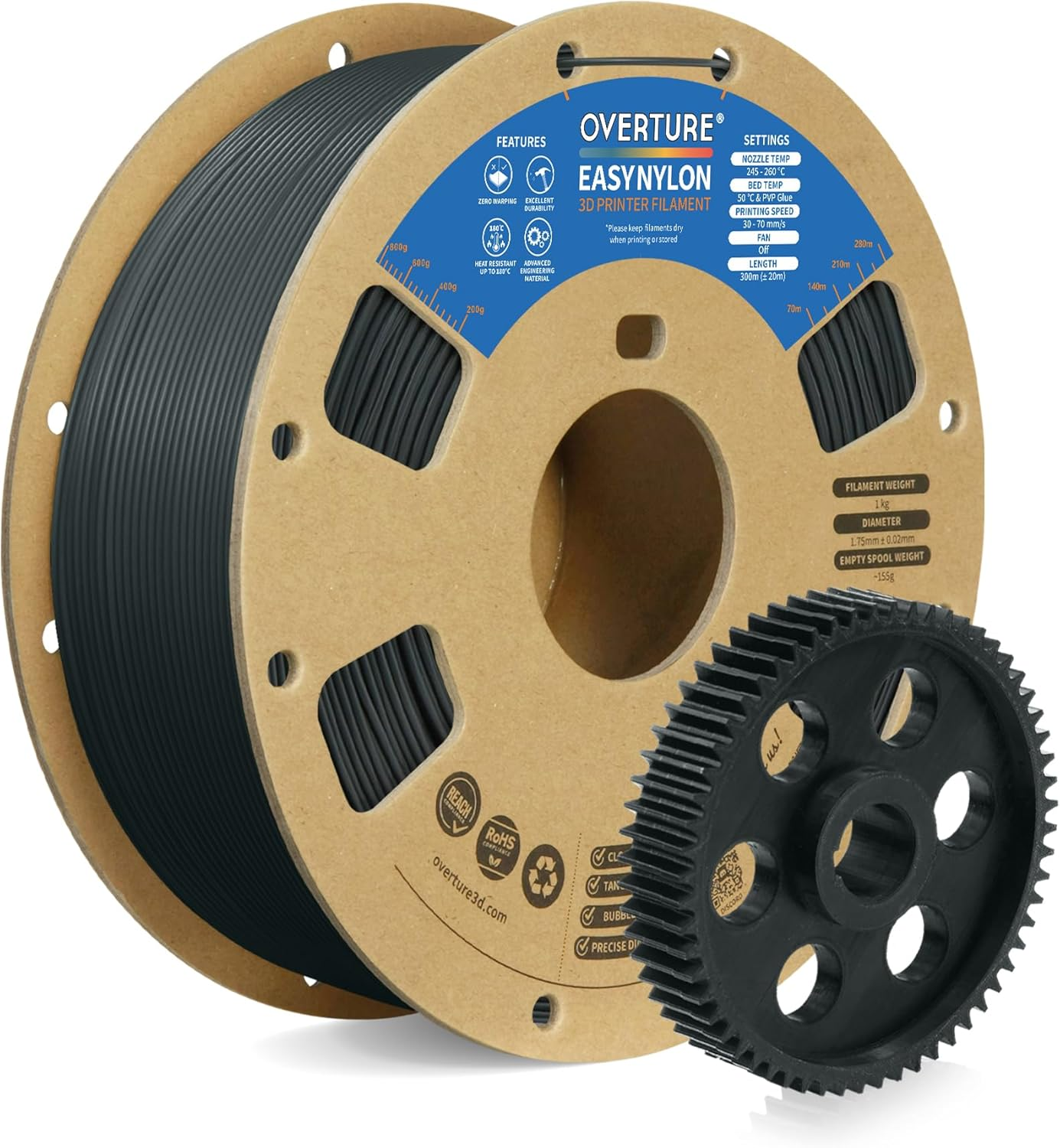 OVERTURE Nylon Filament 1.75Mm 3D Printer Filament, Polyamide (PA) 1Kg Spool (2.2Lbs), Dimensional Accuracy +/- 0.03 Mm, Fit Most FDM Printer (Gray) image number 1