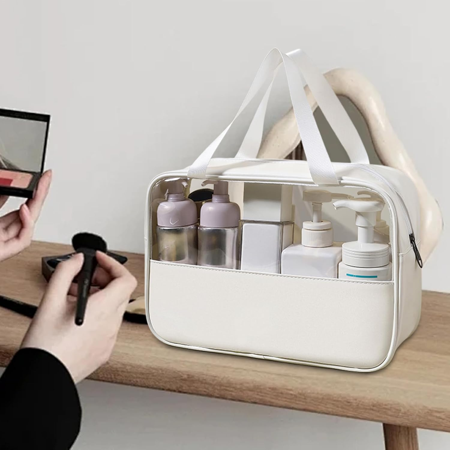 Cosmetic Bags | Traveling Makeup Bag - Portable Waterproof Zipper Organizer Pouches Tote with Clear Window for Toiletry Shower Jewelry Bathroom Packing Train Vanity Girls Beach, White, Refer To - Pink image number 3