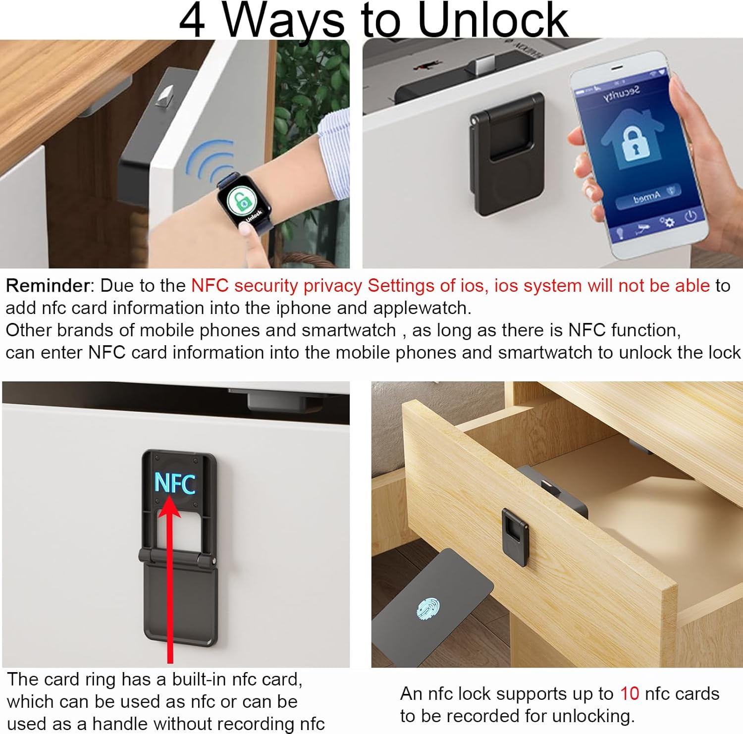 CMINGJ NFC Smart Cabinet Lock, Magnetic Sensing Child Safety Baby Proofing Drawer Lock 4 Unlocking Methods (NFC Card, Handle, Phone, Watch), Long Battery Life, Universal Fit, High Security image number 3