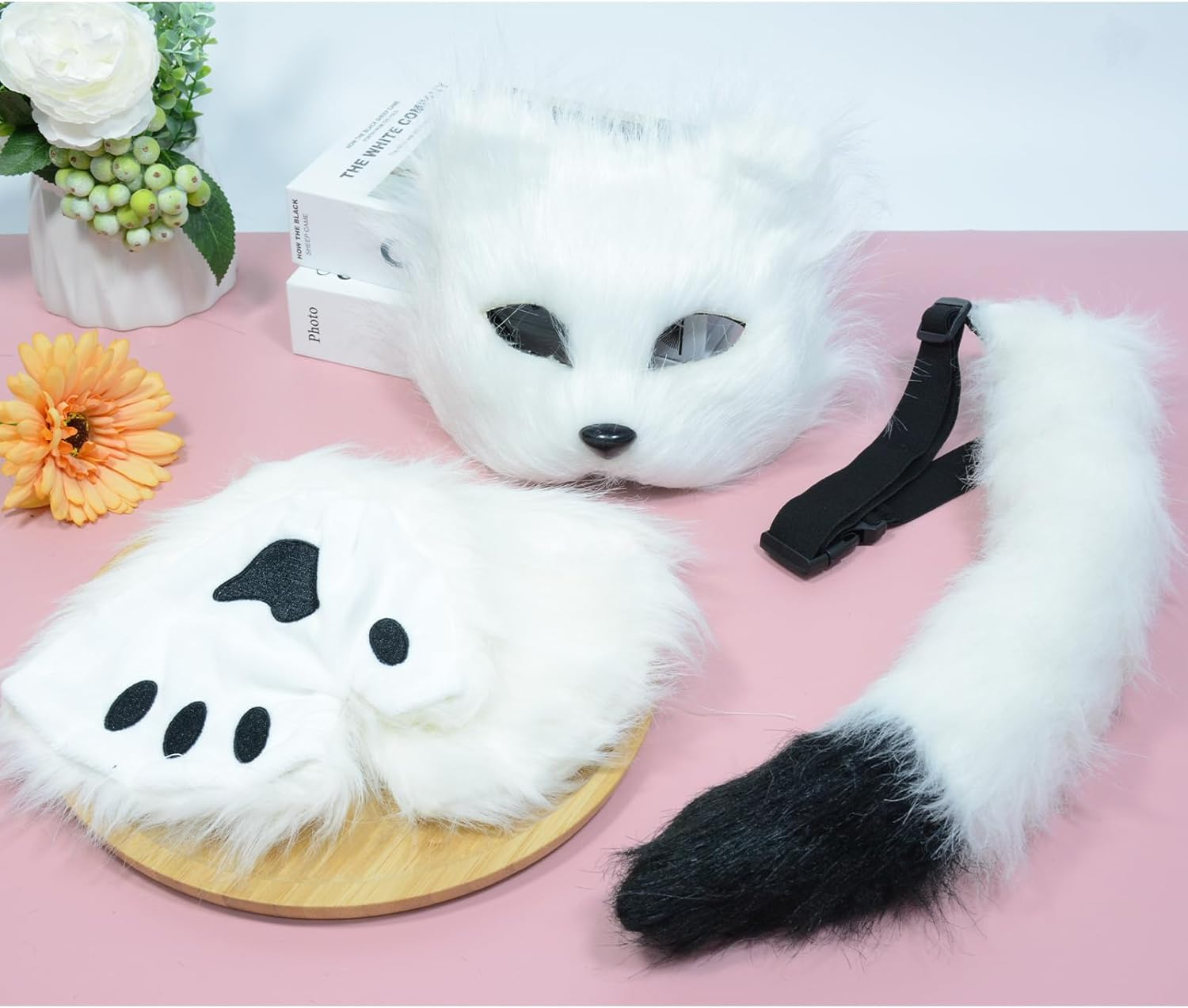Furry Costume Wolf Costume for Girls Adult Kids Includes Fox Tail Plush Mask and Plush Paw Gloves Perfect for Halloween Costume Parties Christmas Events(White) image number 4