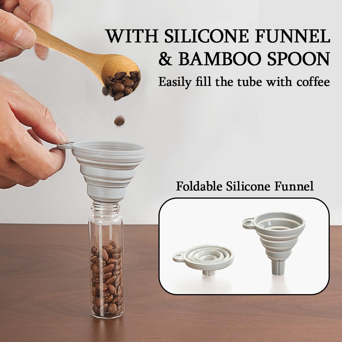 Coffee Bean Storage Tubes with One-Way Exhaust Valve and Airtight Lids, 12 Pack Single Dose Glass Coffee Bean Canisters with Walnut Solid Wood Base, Funnel, Spoon, 2Oz/60Ml