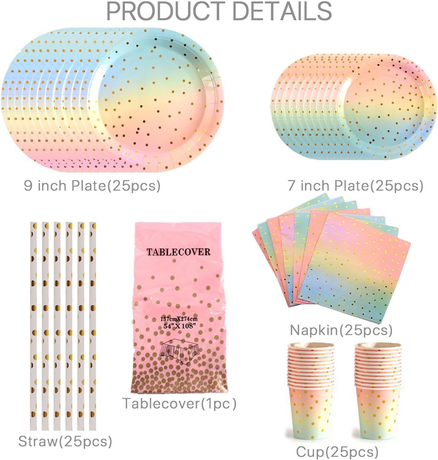 GYB 25 Guests Colorful Party Supplies, Disposable Party Tableware Plates Cups Napkins Straws Table Cloth Dinnerware Set for Weddings, Birthday Parties, Graduations image number 4