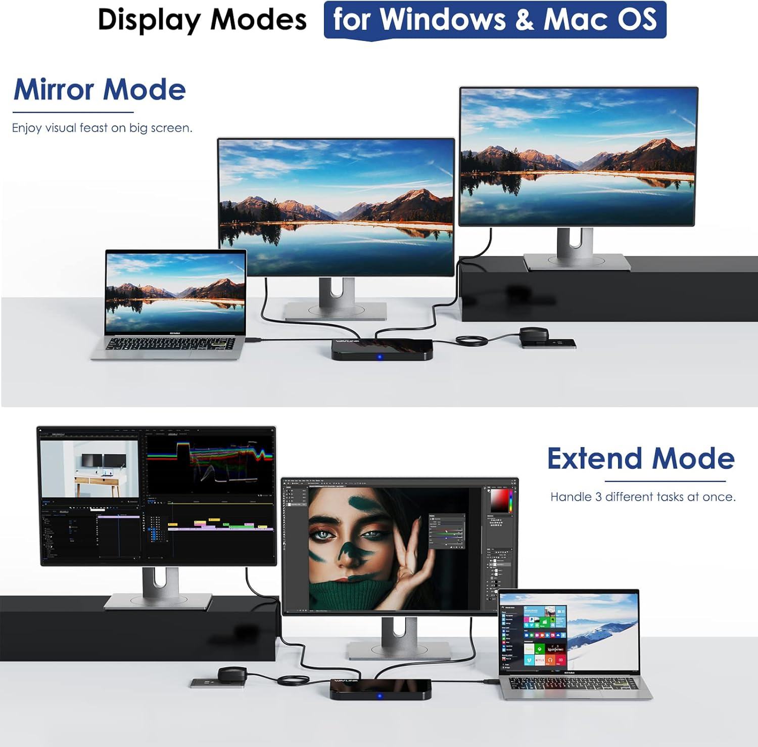 WAVLINK USB 3.0 Universal Docking Station, USB 3.0 Laptop Docking Station Dual Display with HDMI & DVI to VGA/HDMI, Gigabit Ethernet, 6 USB Ports, Audio for Laptop, Ultrabook and PC, No Power Charging