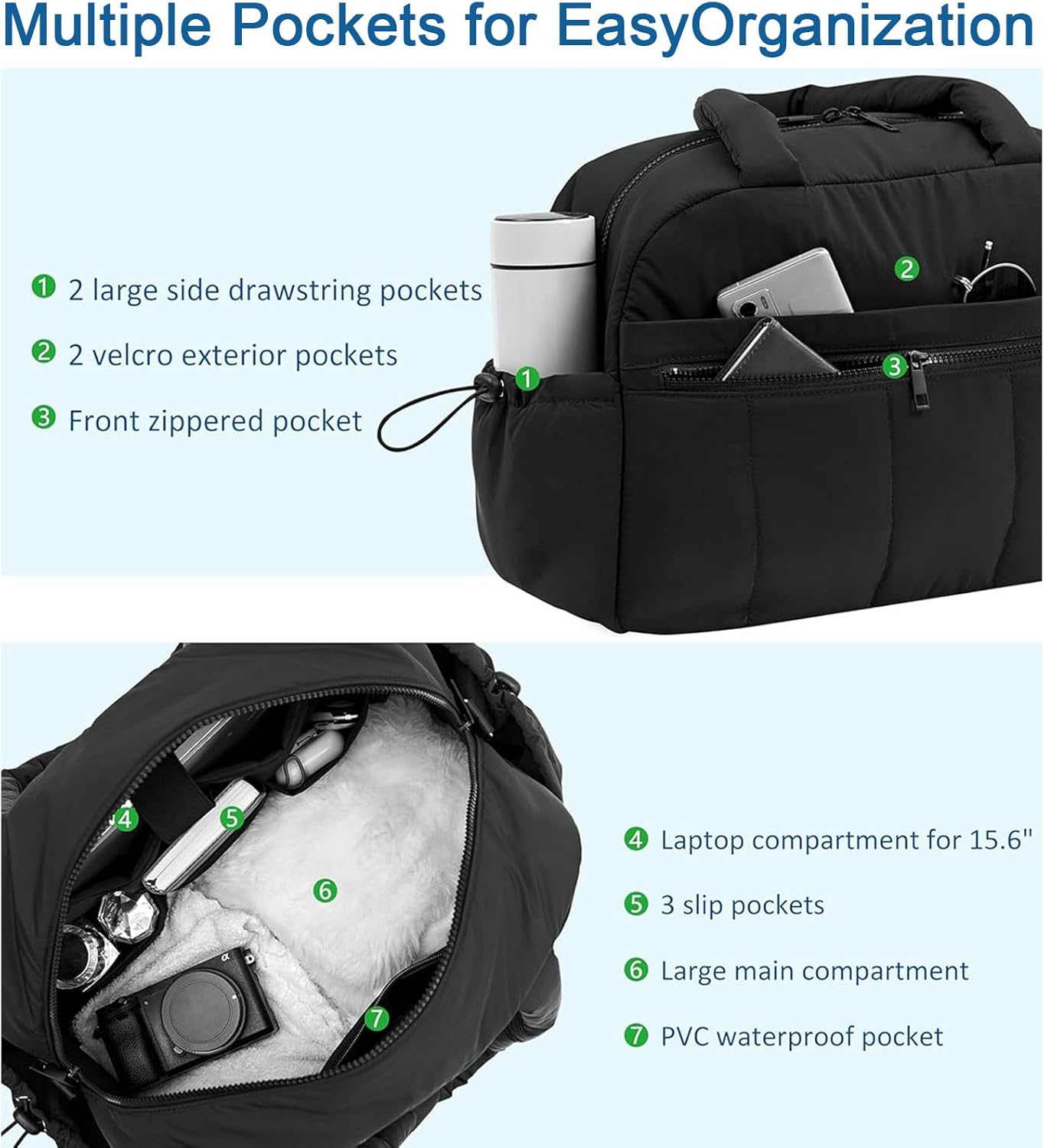 Gym Bag for Women,Puffer Gym Duffel Bag,Lightweight Carry on Weekender Duffel,With Laptop Compartment,Water Resistant image number 4