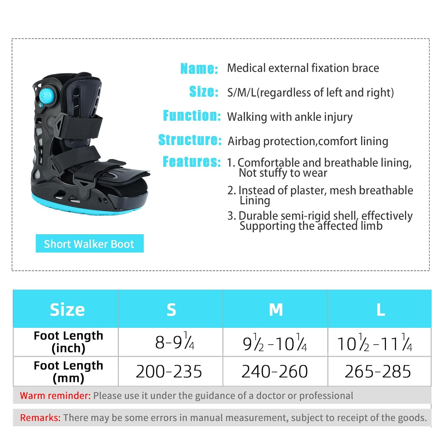 Inflatable Walking Boot, Air Cam Walker Fracture Boot, Short Walker Brace Walking Boot Orthopaedic Boot for Sprained Ankle, Foot Pain Recovery, Stress Fracture, Broken Foot, Achilles Tendonitis (Medium) image number 1