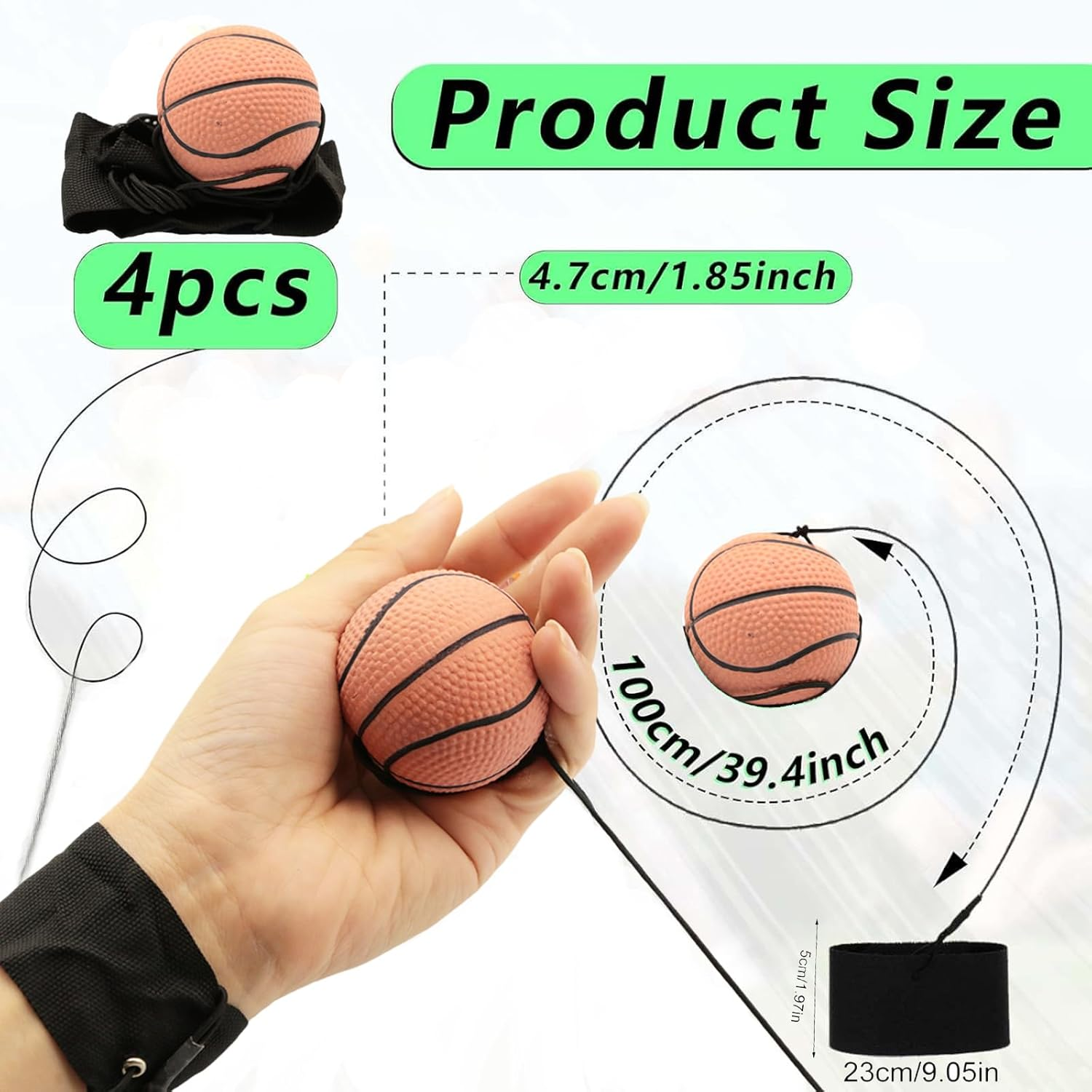 4 PCS Wrist Return Ball Set (Baseball, Soccer, Basketball, Tennis) 1.85 Inch Rubber Sports Ball with Adjustable Elastic String, 4 Balls per Set image number 1