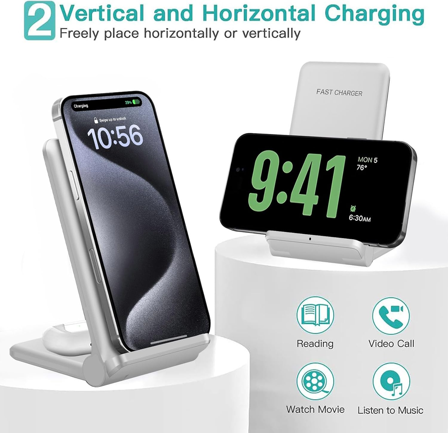 VNBBT 2 in 1 Wireless Charger, 20W Fast Wireless Charging Stand Dock for Iphone 16 Pro Max/16/15/15 Plus/14/13/12/11/Xs/Xr,Airpods 3/Pro 2,Samsung Galaxy S24/S23/S22/S21/Note,Galaxy Buds, White image number 2