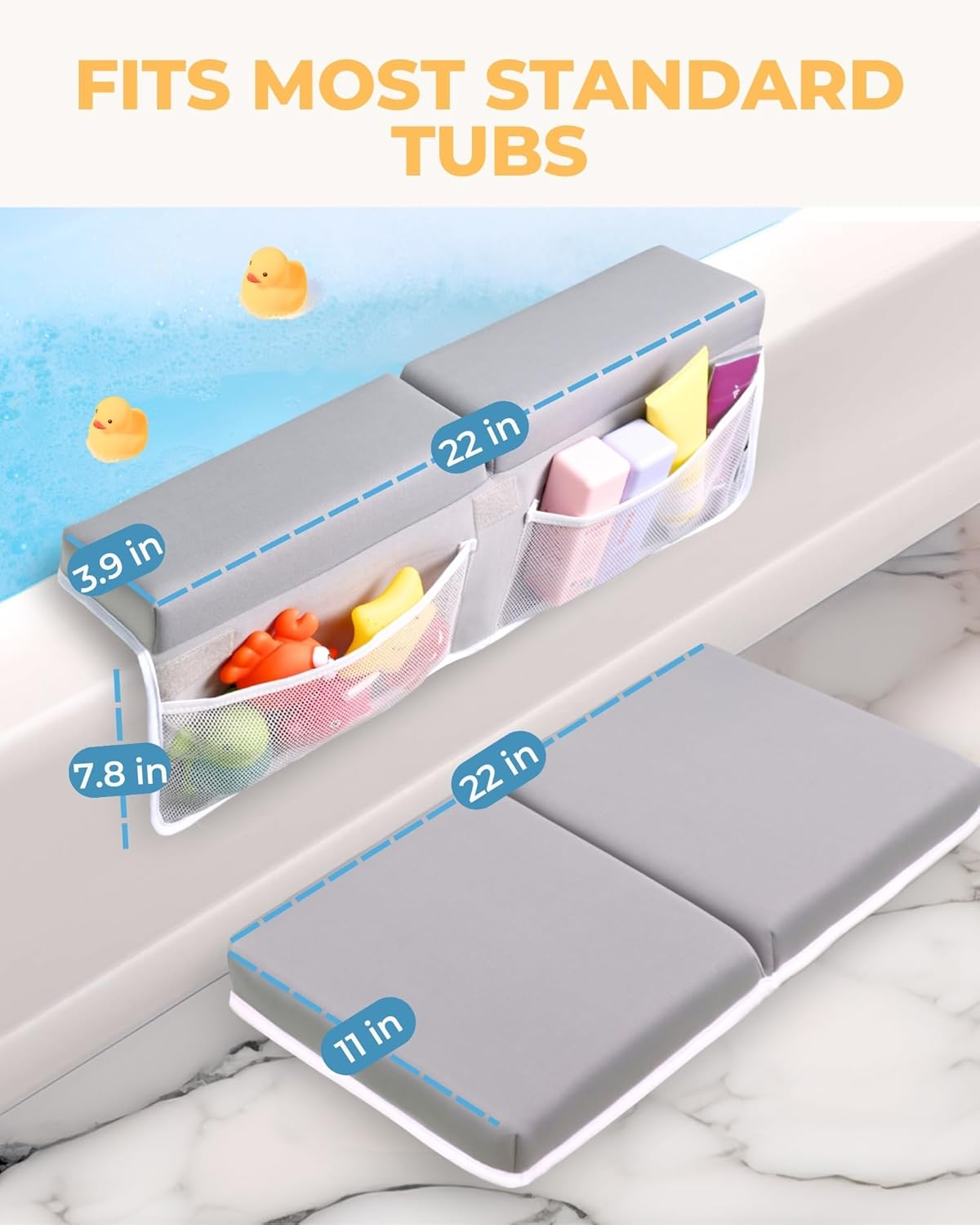 Comfortable Baby Bath Kneeler and Elbow Rest Pad Set - Thickest Bathtub Kneeler Pad with Memory Foam and Bath Toys Organizer - Bath Kneeling Pad for Bathing Baby - Relieve Your Knees and Elbows (Grey) image number 6