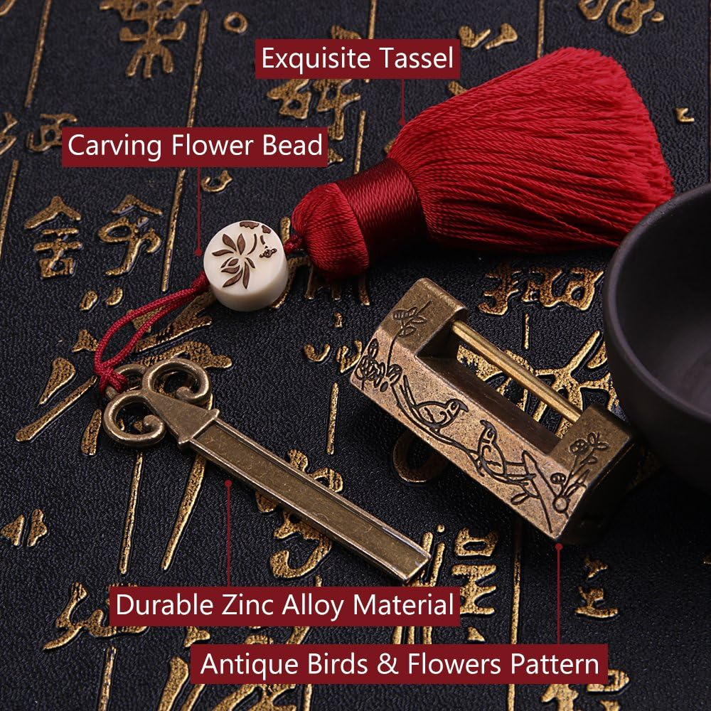 GTHER Small Vintage Carved Flower Bird Padlock Decorative Lock with Key for Jewelry Box Drawer image number 5