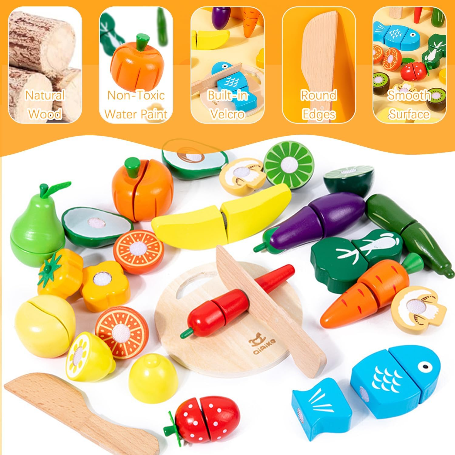 Wooden Play Food for Kids Play Food Kitchen Cutting Fruits Toys for Toddlers Pretend Vegetables Gift For3- 7 Years Old Boys & Girls Educational Toys image number 4