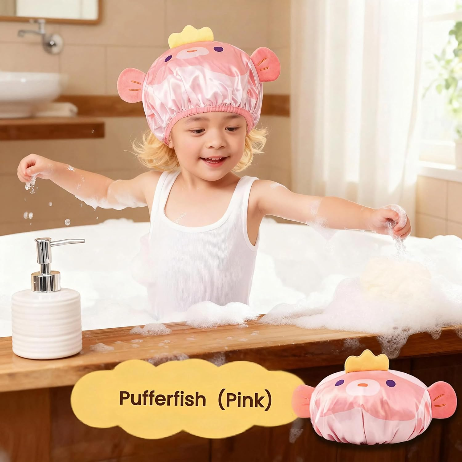 3PCS Kids Shower Cap, Funny Cute Cartoon Bath Hat, Girls Shower Cap for Kids Reusable Waterproof Adjustable Cap Design with Pufferfish, Bug, Duck Cute Hair Cover Hat image number 2