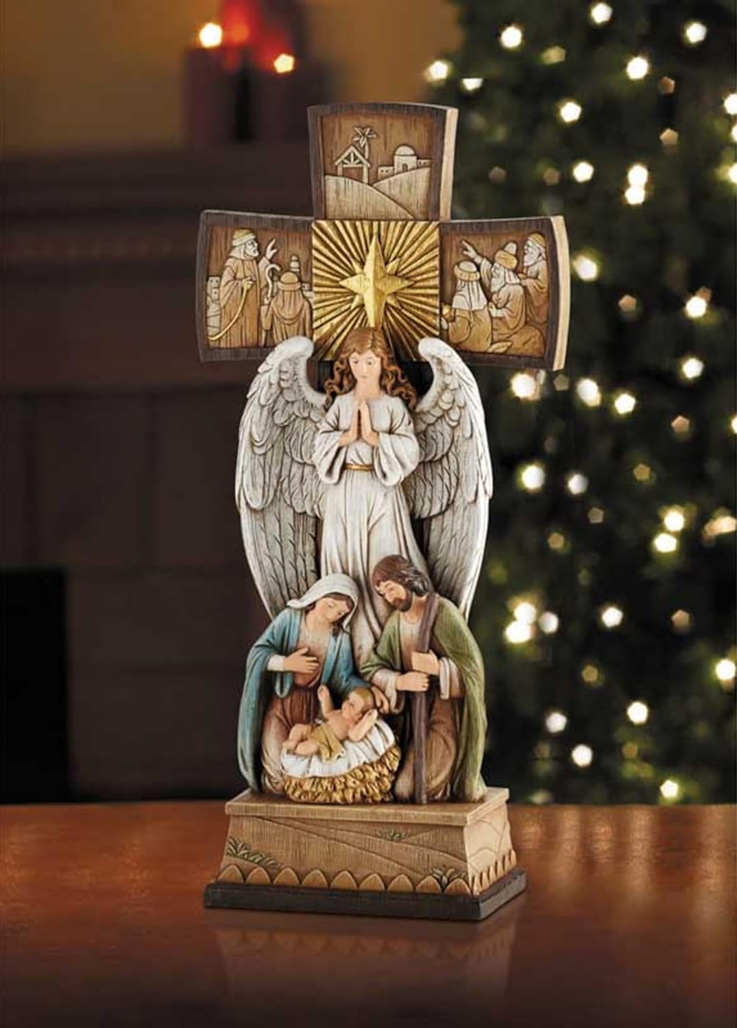 Avalon Gallery Christmas Figurines - Joseph Mary with Jesus and Angel Standing Cross Centerpiece Figurine, 14-Inch, Nativity Cross image number 1