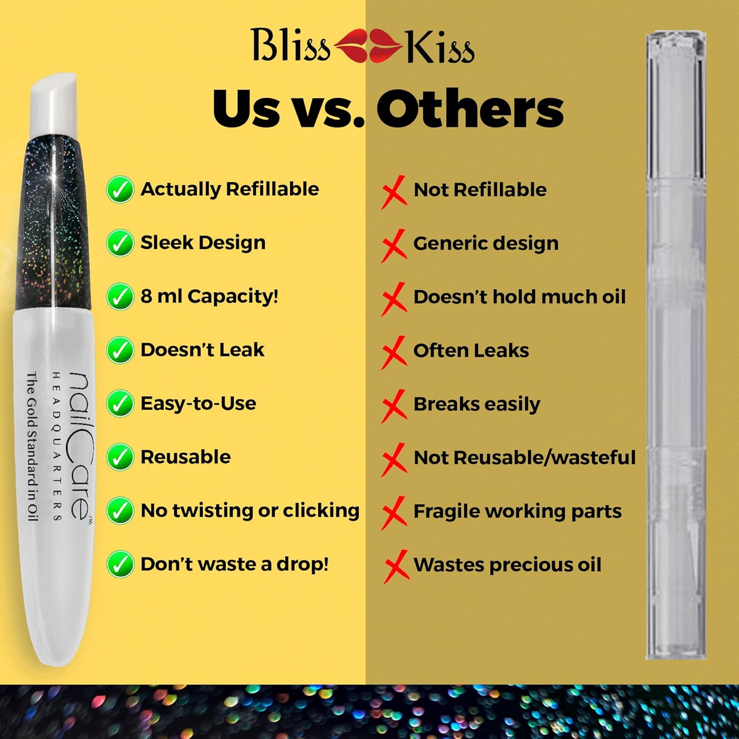 Nail Care Headquarters Refillable Holographic Cuticle Oil Pen for Nails - Empty Holo Squeeze Nail Oil Pen with Brush from by Bliss Kiss 3-Pack image number 1