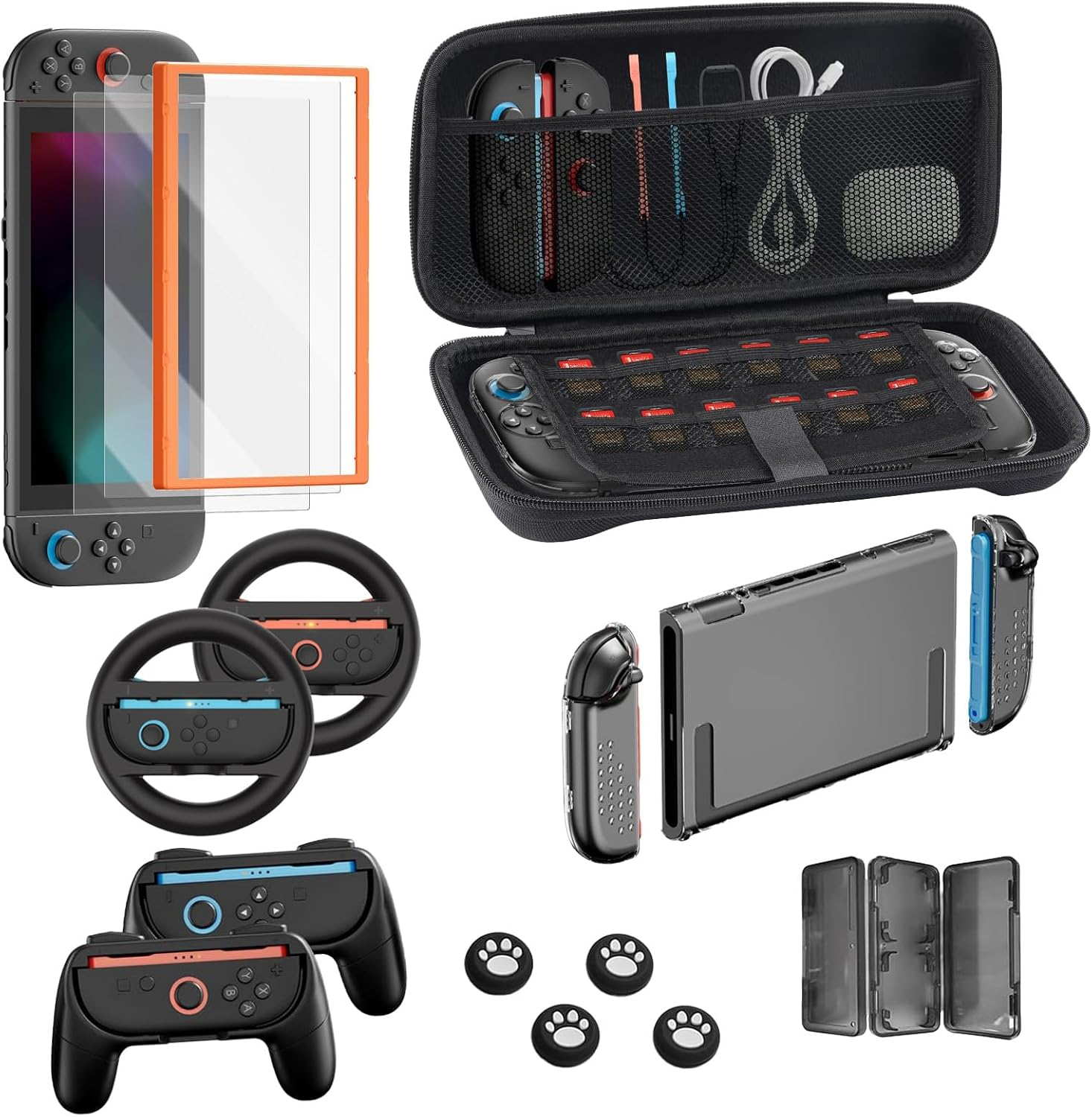 Nintendo Switch 2 Accessories Bundle,16 in 1 Premium Game Kit: Hard Carrying Case with Storage Compartments, 2X Tempered Glass Screen Protectors with Alignment Frame, Steering Wheel for Mario Kart, Ergonomic Grip for Joycon Controllers & Console Protective Cover