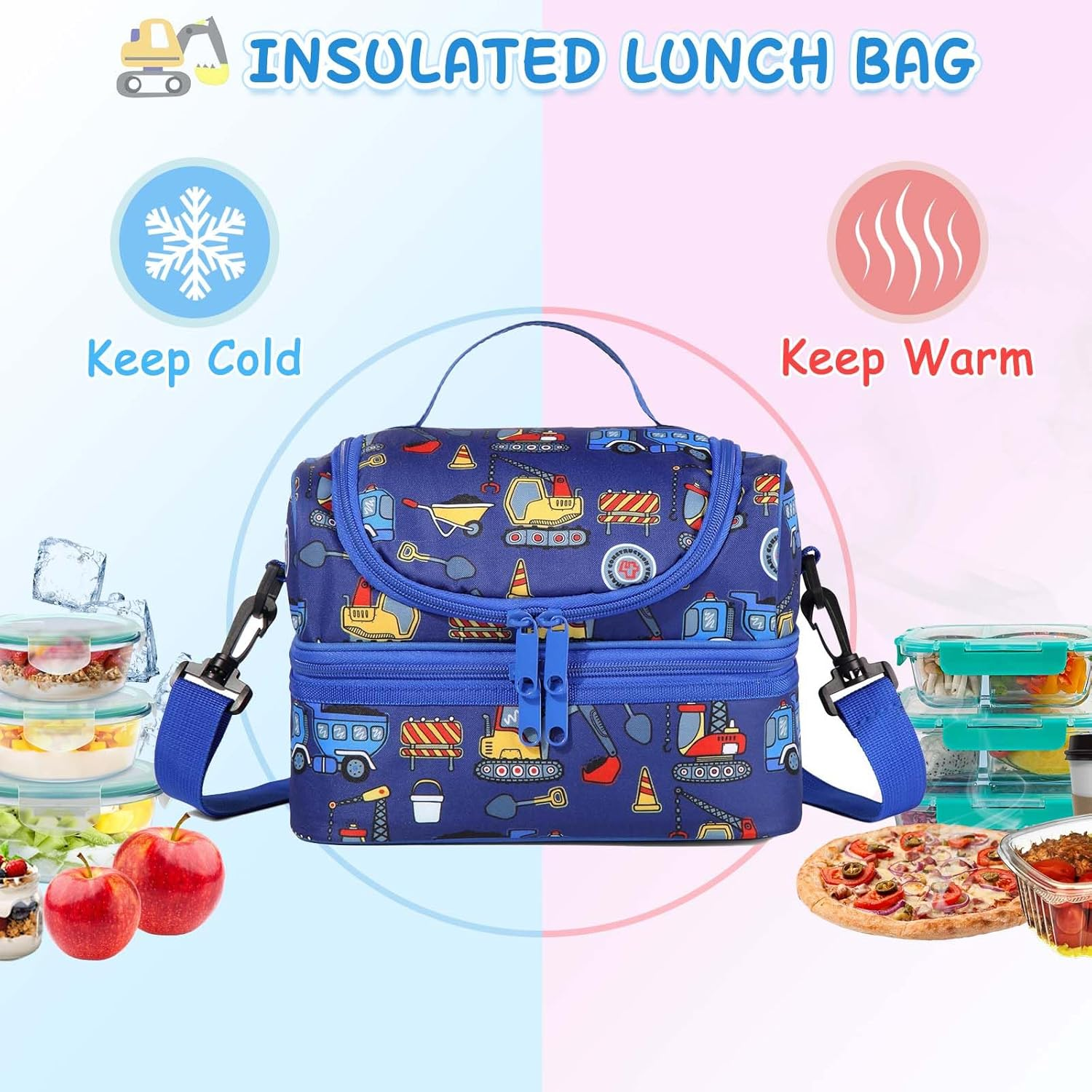 KASQO Lunch Box Bag for Kids, Insulated Lunch Bag Two Compartments Toddler Cooler Bag Lunch Tote Bag with Detachable Shoulders Strap for School Picnic， Blue Car - Blue Rocket image number 5