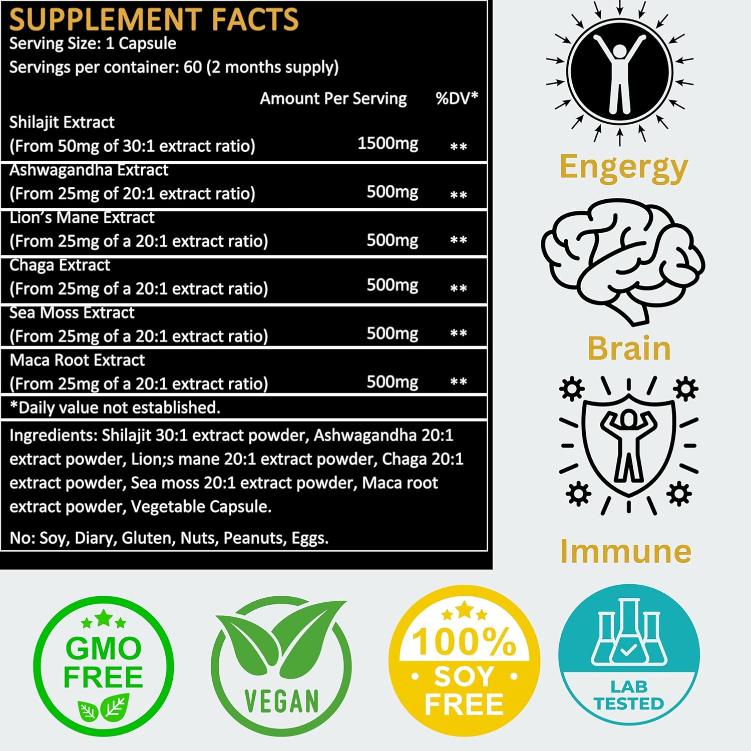 Shilajit Capsules &ndash; 60 Count &ndash; Natural Energy Boost, Mental Clarity, Immune Support & Stamina &ndash; Pure Himalayan Shilajit with Fulvic Acid &ndash; Vegan, Non-Gmo, Gluten-Free image number 2