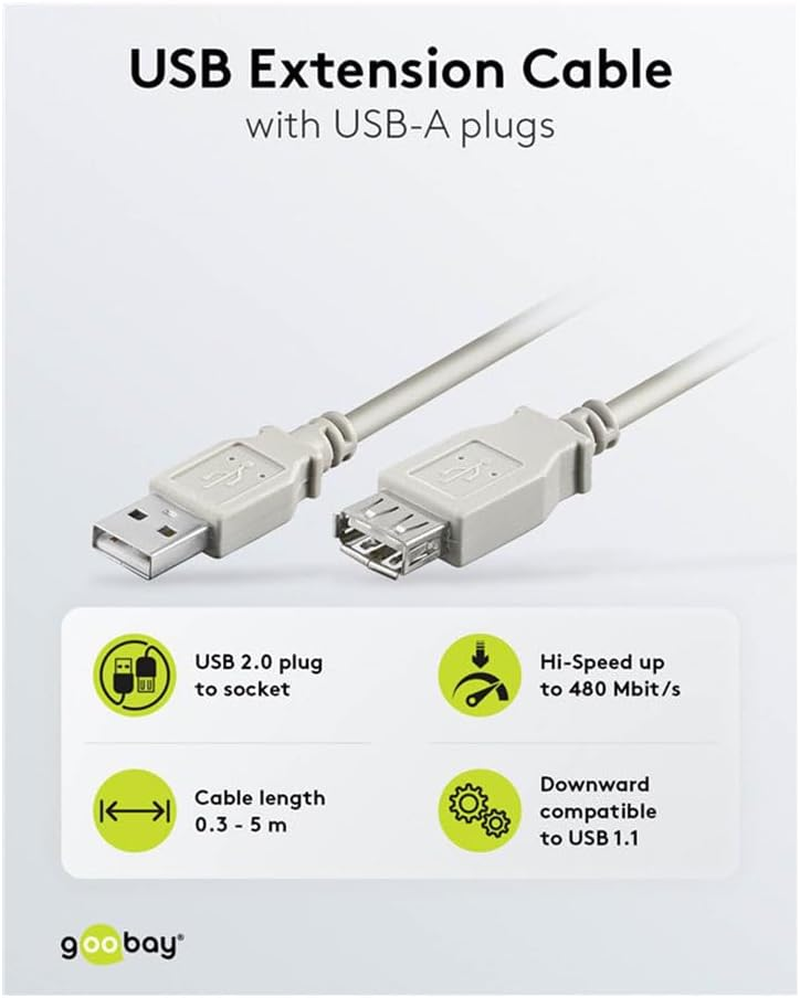 Goobay 50961 USB 2.0 Hi-Speed Extension Cable, 3M, Grey - Enhanced Connectivity & Flexibility image number 6