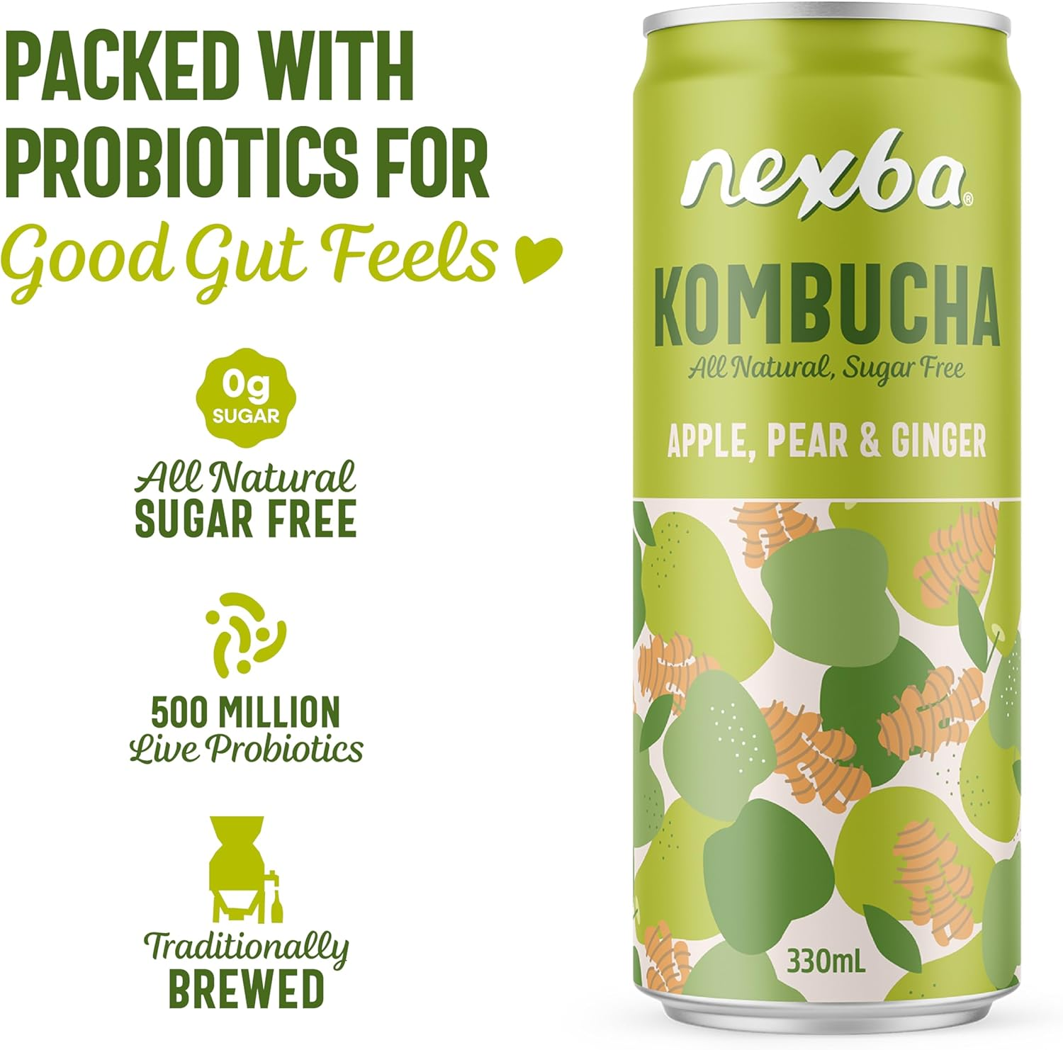 Nexba Kombucha &ndash; Apple, Pear & Ginger &ndash; All Natural Sugar Free &ndash; 24 X 330Ml Cans image number 1