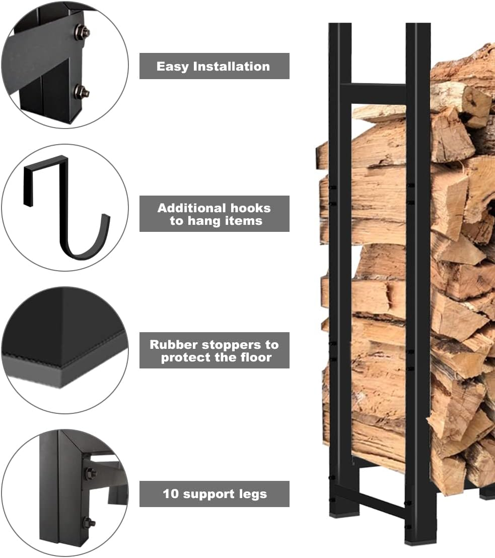 8Ft Firewood Rack Outdoor Adjustable Heavy Duty Wood Rack Fire Wood Holder for Indoor Storage Fireplace Metal Lumber Organizer Stand Stacker, Black image number 4