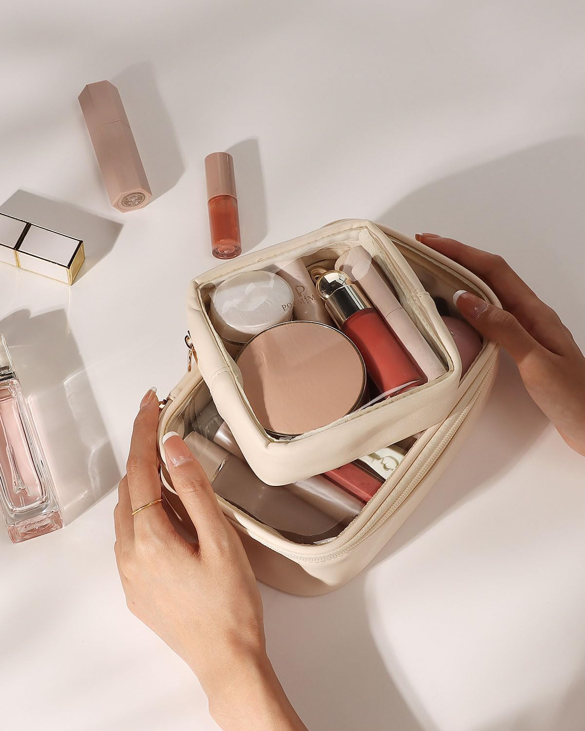 Makeup Bag,Graduation Teacher Birthday,Small Makeup Bag Travel Toiletry Bag Souvenir Idea for Mom Teacher Sister Friends Girlfriend Bridesmaid (Beige, 4.92 * 4.92 * 1.77In) image number 4