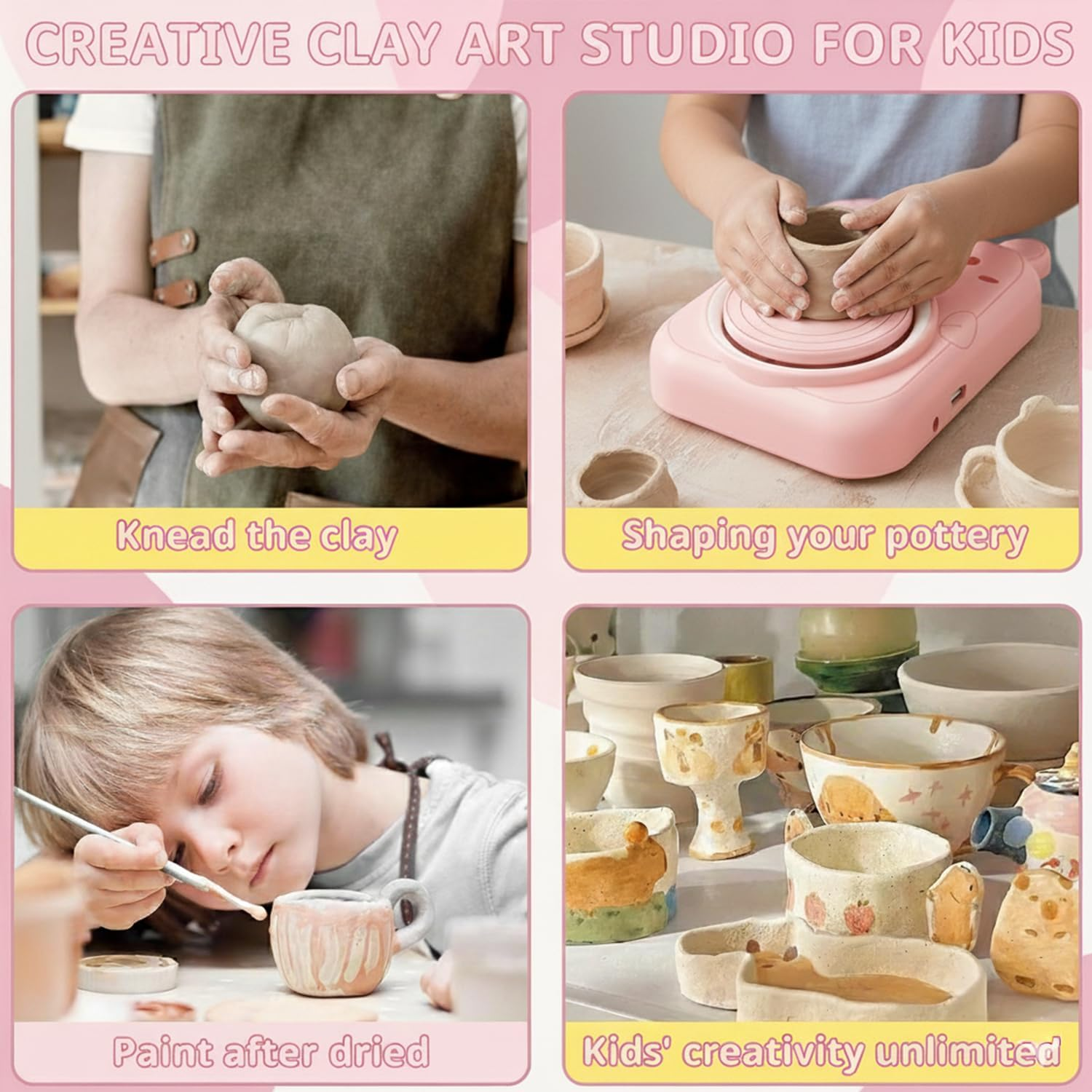 Pottery Wheel for Kids, Girls Arts and Crafts Toys for Kids Ages 8-12, Pottery Studio Craft Kit with 2 Pack Air-Dry Clay, Art Supplies for Kids Toys Girls Birthday, Age 6 7 8 9 10 11 12+ (Pink) - Pink image number 6