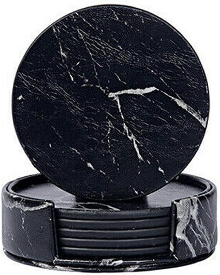 Coasters for Drinks 6 Piece with Holder Marble Texture round Cup Mat Pad Set of Home and Kitchen Use (Marble Black)