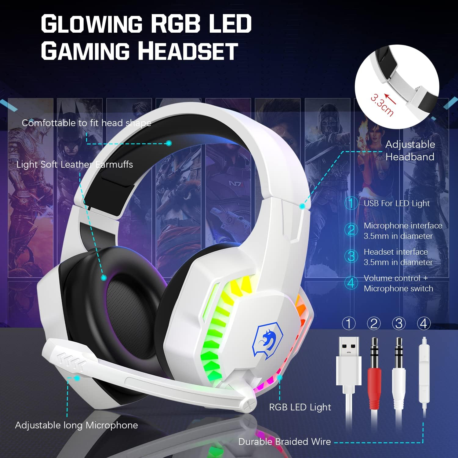 Wired Gaming Keyboard and Mouse and Mouse Pad and Gaming Headset,Rainbow LED Backlit Keyboard,Over Ear Headphone with Mic,Gaming Mice,Mouse Pad,For PC Gamers and Xbox and Ps4(White/Black) image number 3