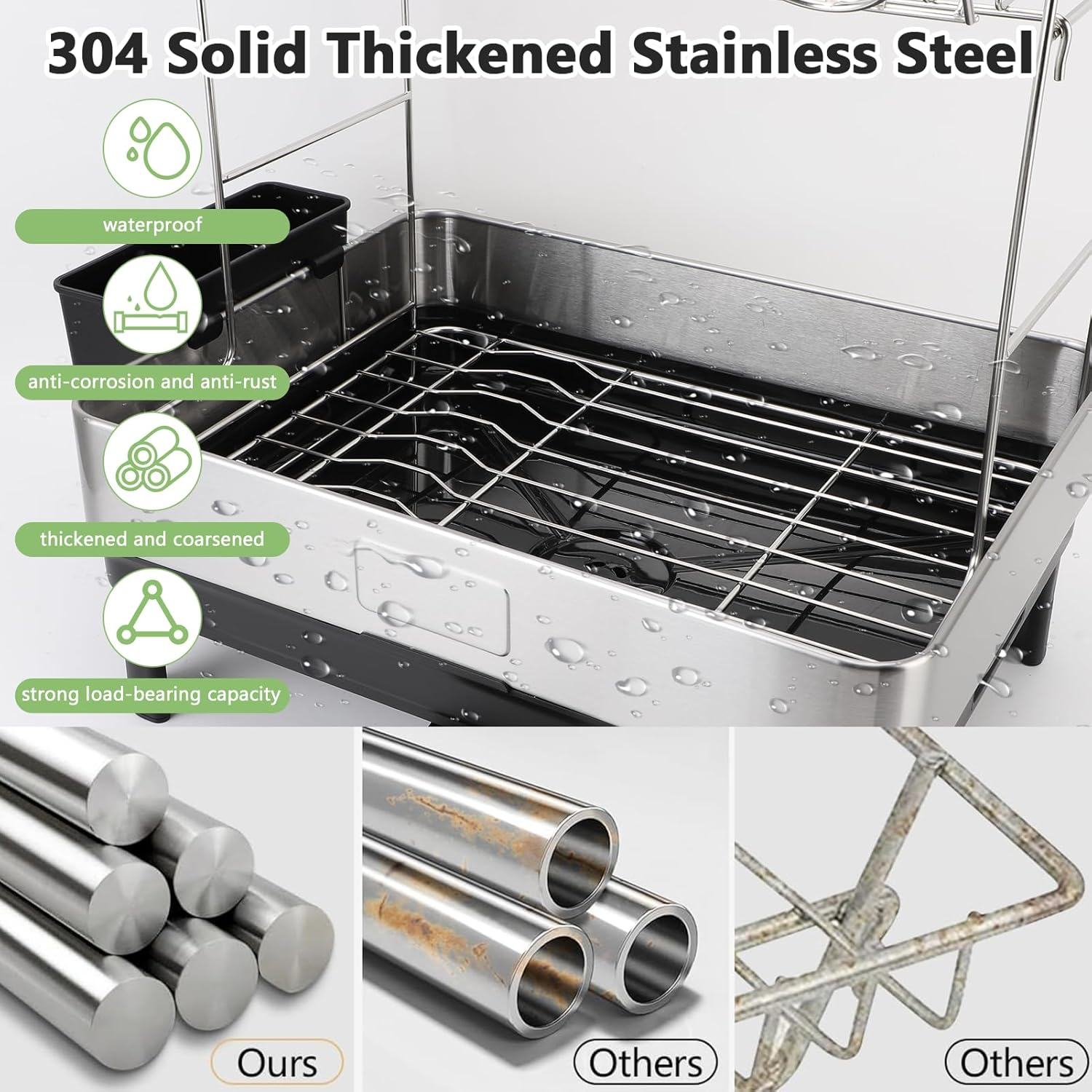 2 Tier Dish Drying Rack, 304 Stainless Steel Dish Drainer for Kitchen Counter, Extra Large Dish Rack with 360&deg; Rotatable Drain Spout & Cup Holder