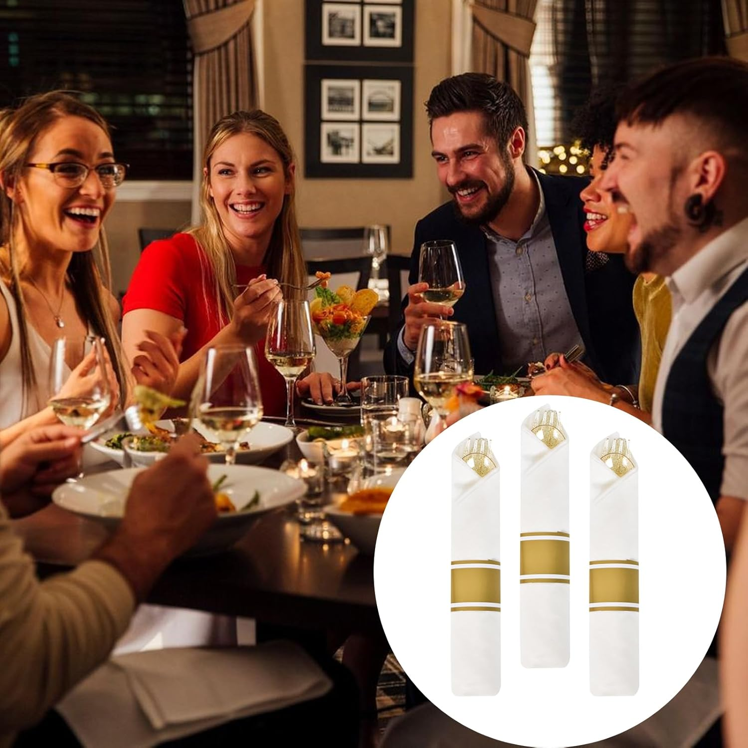 10 Pack Plastic Cutlery Set, Elegant Plastic Silverware Set, Reusable Flatware Set, Tableware Party Cutlery, Camping Cutlery Combo with Spoon Knife Fork Sets Wrapped in White Napkin (Gold) image number 6