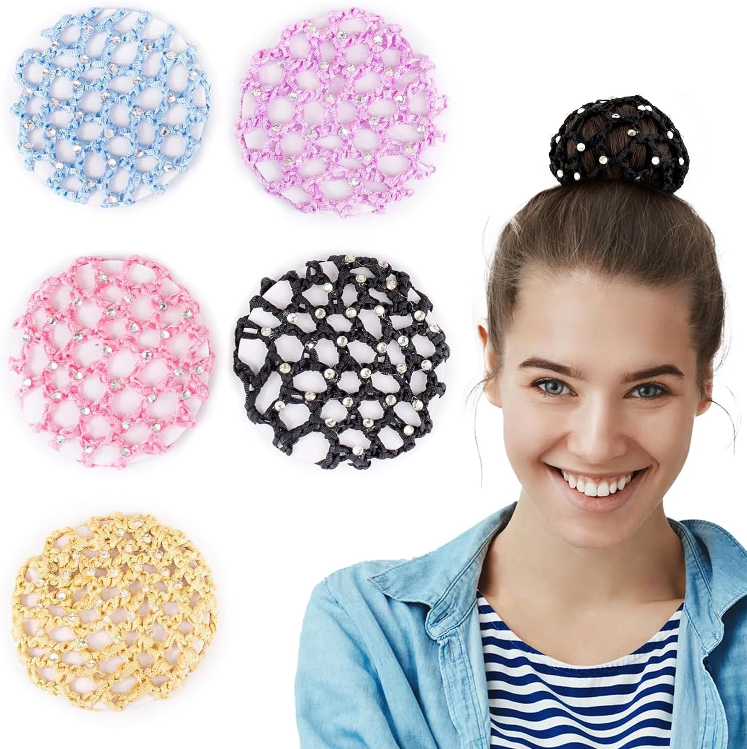 AUEAR, 5 Pack Hair Bun Cover Rhinestone Snood Hair Net Handmade Crochet Elastic Bun Hair Nets for Women Girls Ballet Dance Skating