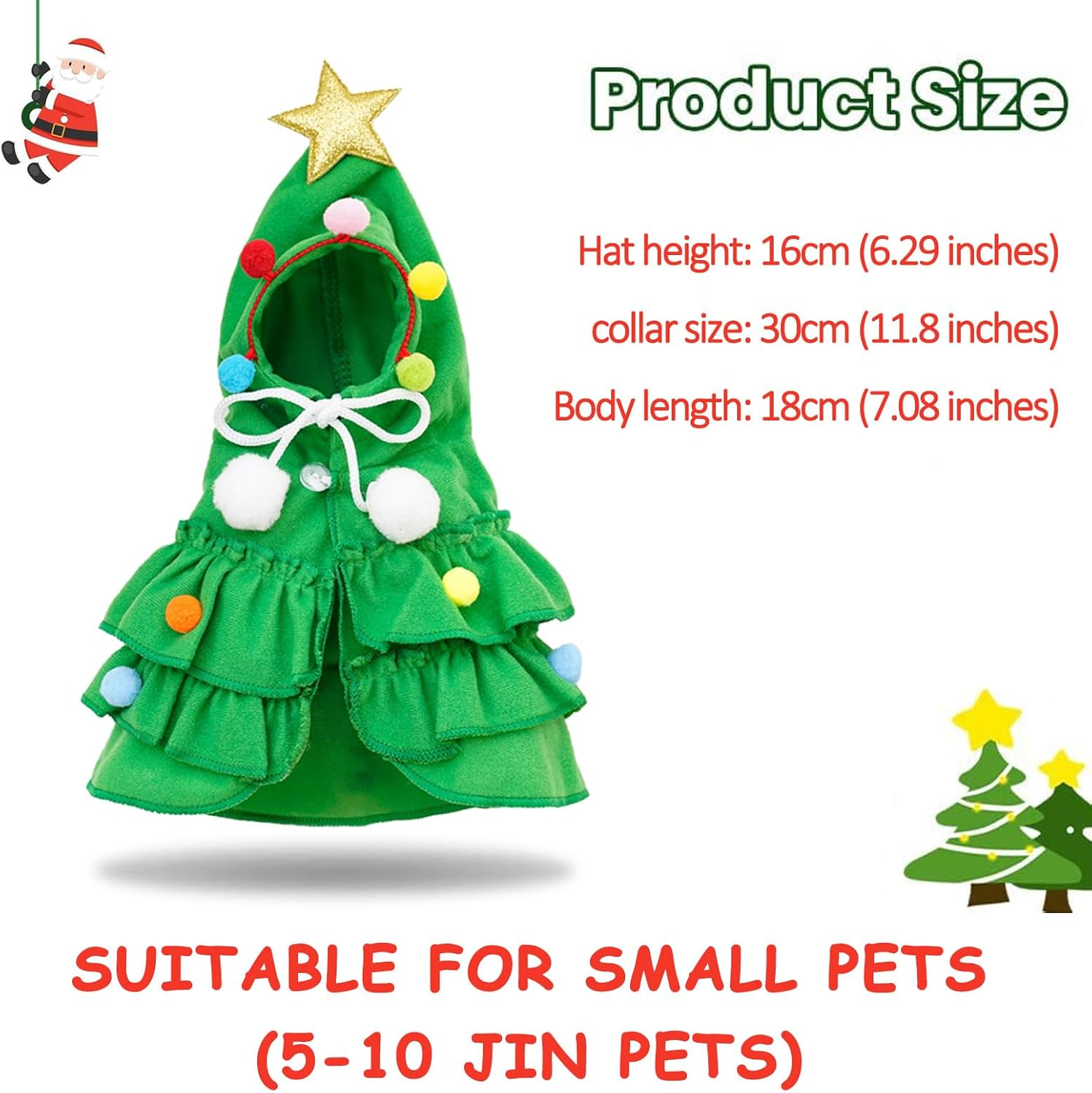 FOSDICK Cat Christmas Outfit, Cute Green Cat Cape Xmas Puppy Cloak with Star, Pet Christmas Costume for Small Dogs Cats Kitten Clothes Puppy New Year Party Supplies (M) image number 2