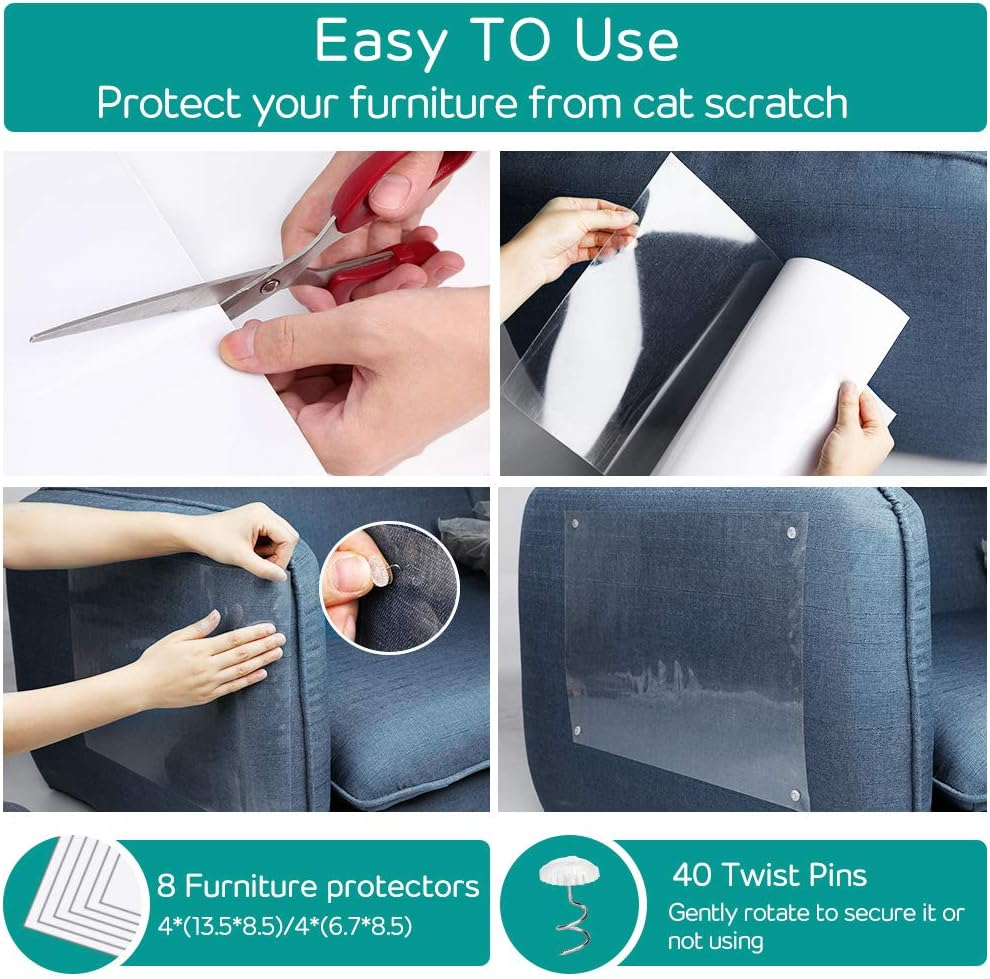 Ejoyous Cat Scratch Protection Self-Adhesive Scratch Protection Film for Sofa Furniture Sofa Scratch Protection Pad with 40 Pads Nails for Cat Lovers and Furniture Owners 4 Pieces M/L Code