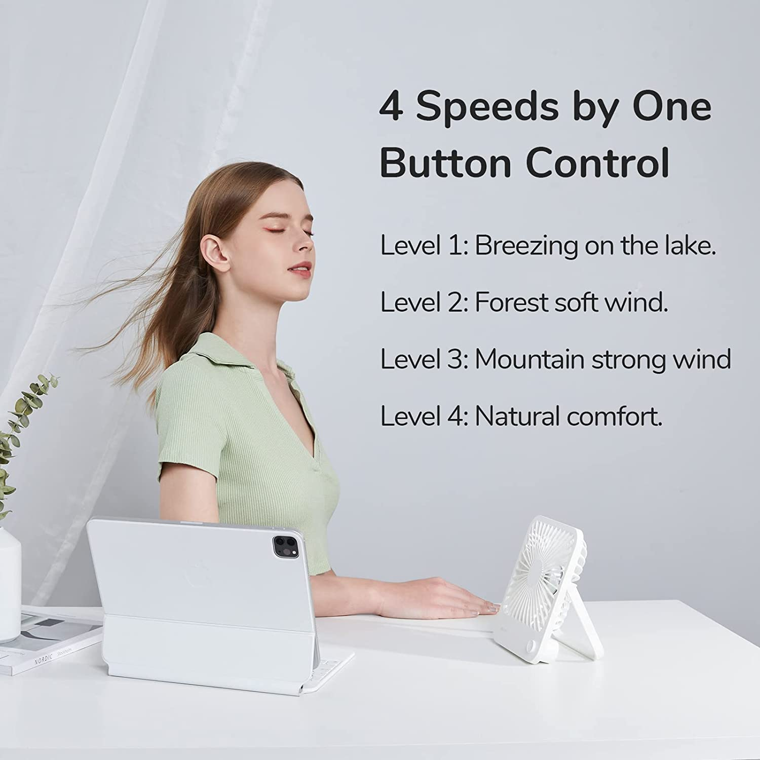 JISULIFE Desk Fan Battery Operated Rechargeable, 4500Mah 180&deg;Foldable Portable Fan, 4 Speeds Adjustable Long Battery-Life for Home Office Travel Outdoor-White image number 7