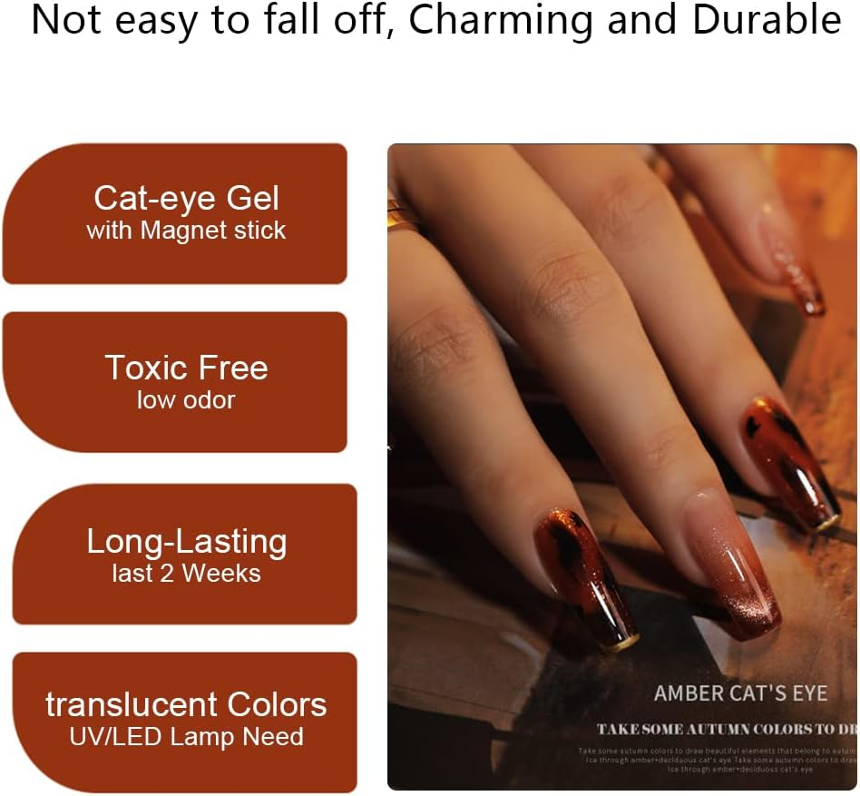 Magnetic Gel Nail Polish Set, 6 Colors Wide Amber Cat Eye Gel Polish Crystal Jelly Transparent 9D Cateye UV Gel Soak off Nail Polish Art Manicure Kit with Magnetic Stick image number 5